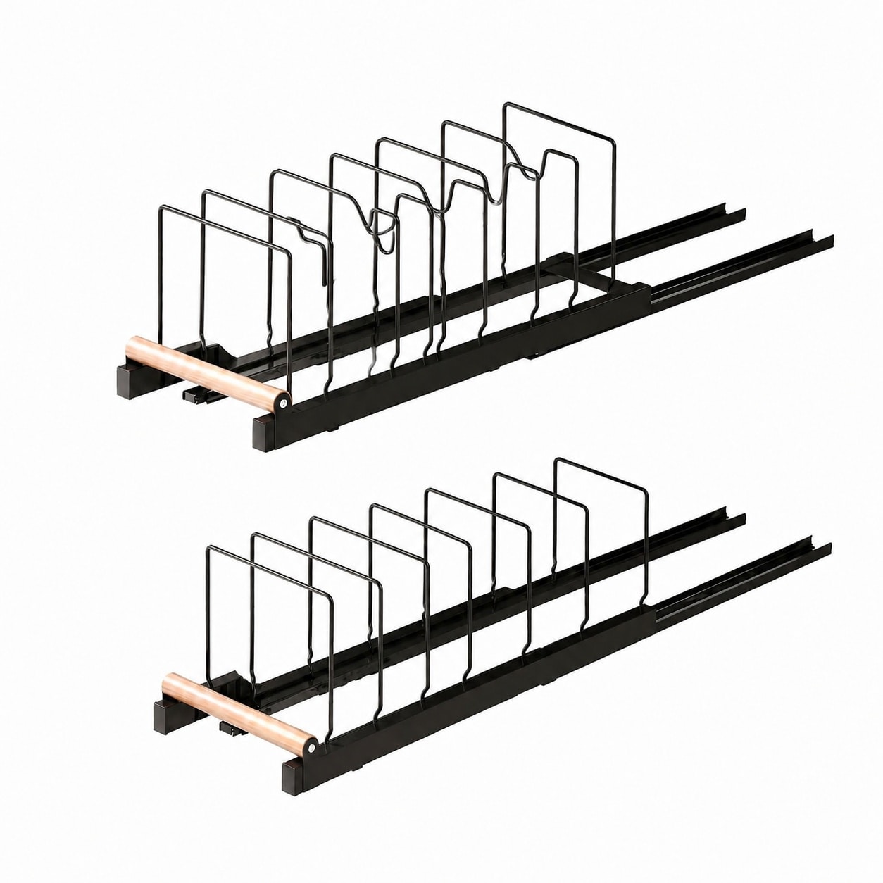 Aoibox  2 Pack Adhesive Pull Out Pot and Pan Organizer for Under Cabinet with 10 Adjustable Dividers 22 in Deep Black
