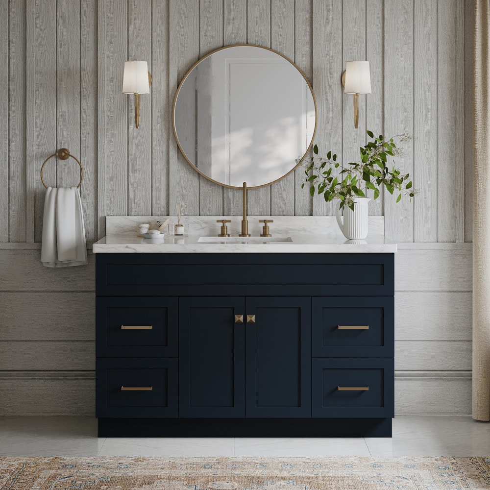 ARIEL Hamlet 55-in Midnight Blue Undermount Single Sink Bathroom Vanity  with White Marble Top in the Bathroom Vanities with Tops department at