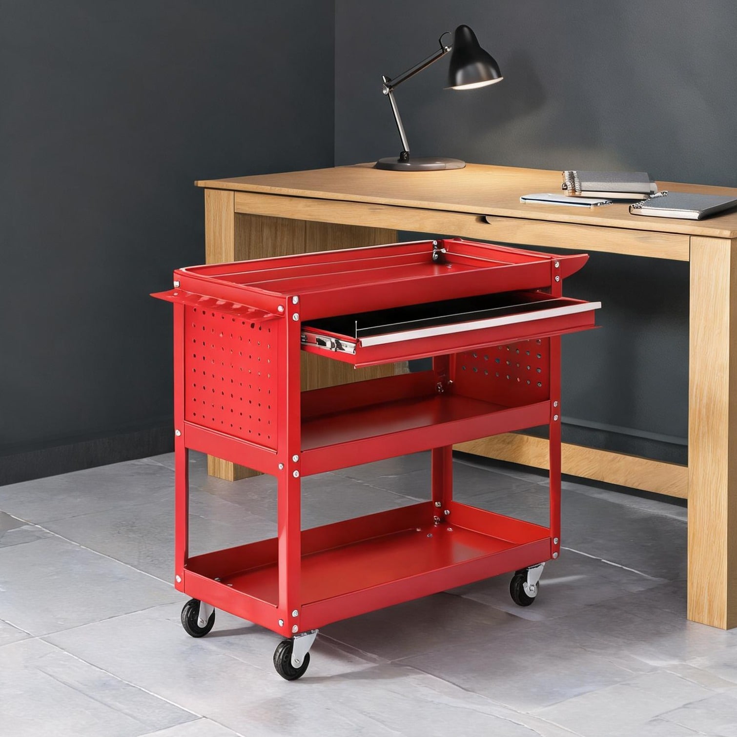 Watnature Steel rolling tool cart with pegboard and drawer in deep red 33.5 inch width supports up to 330 pounds