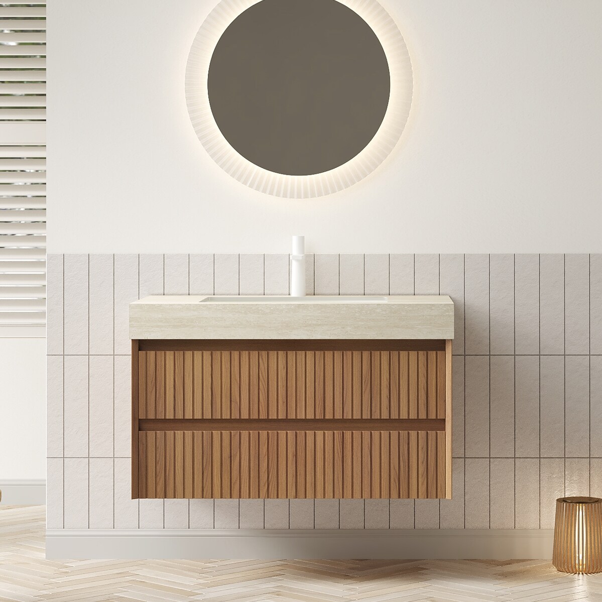 Tatayosi RY-15S00231 36 inches Bathroom Vanity Sink Floating Striped Plywood Storage Cabinet with 2 Drawers Travertine-Pattern Sintered Stone Top with Ceramic Undermount Basin Pre-assembled Brown Oak Woodgrain Color