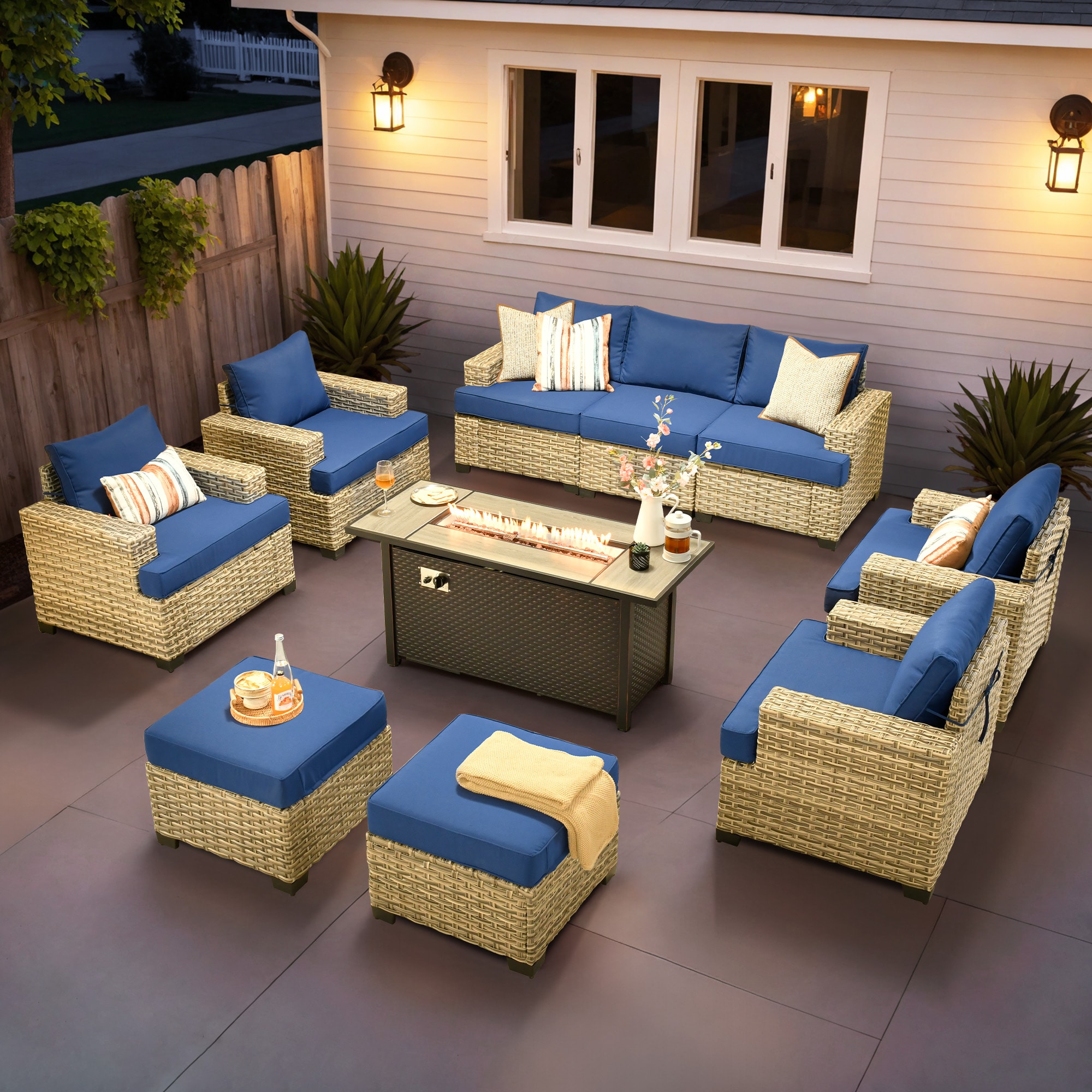 Pouuin DFP-STB709 Wicker Outdoor Sectional with Navy Cushions and Steel Frame