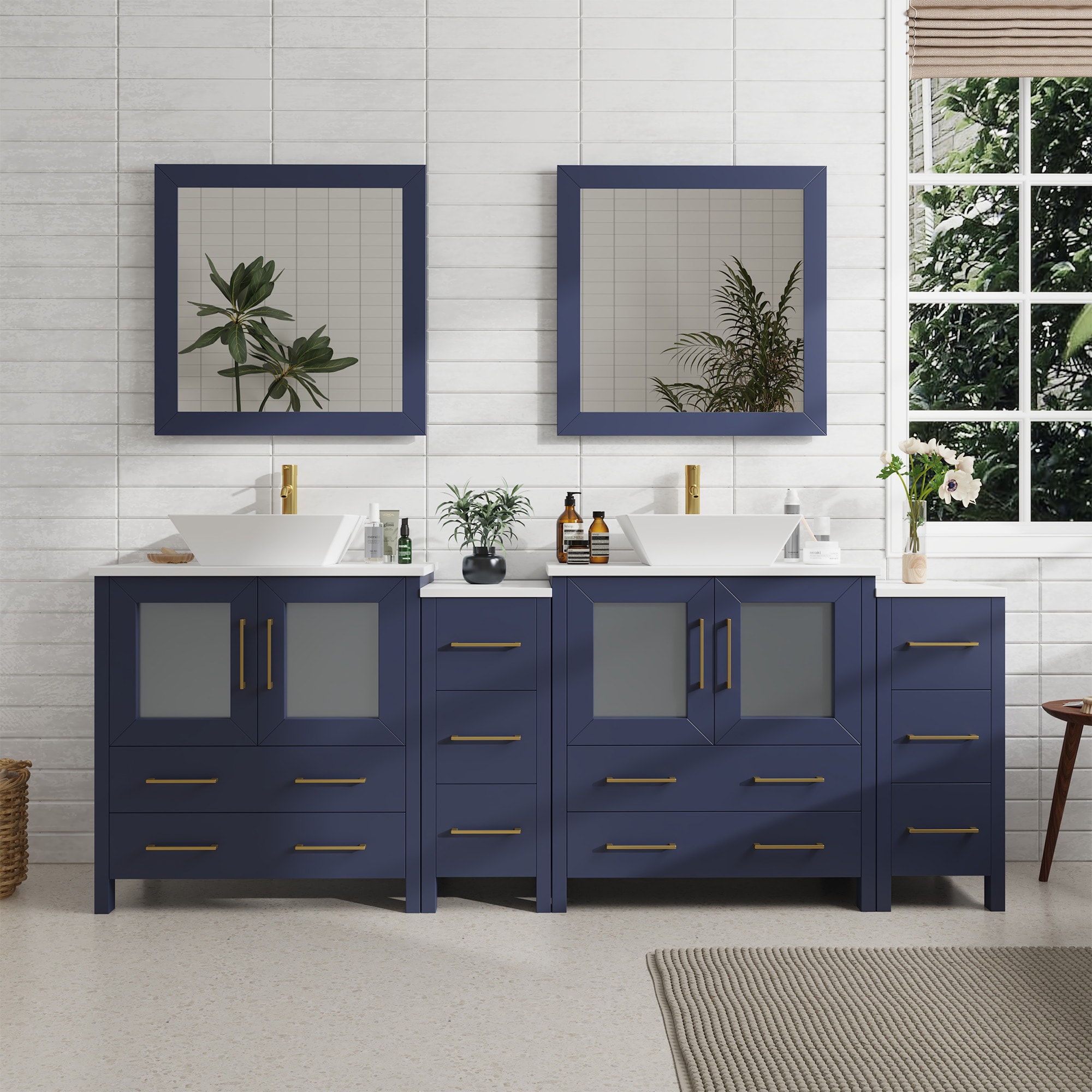 Vanity Art VA3130-84B Ravenna 84-in Blue Double sink Bathroom Vanity with White Engineered marble Top (Mirror Included)