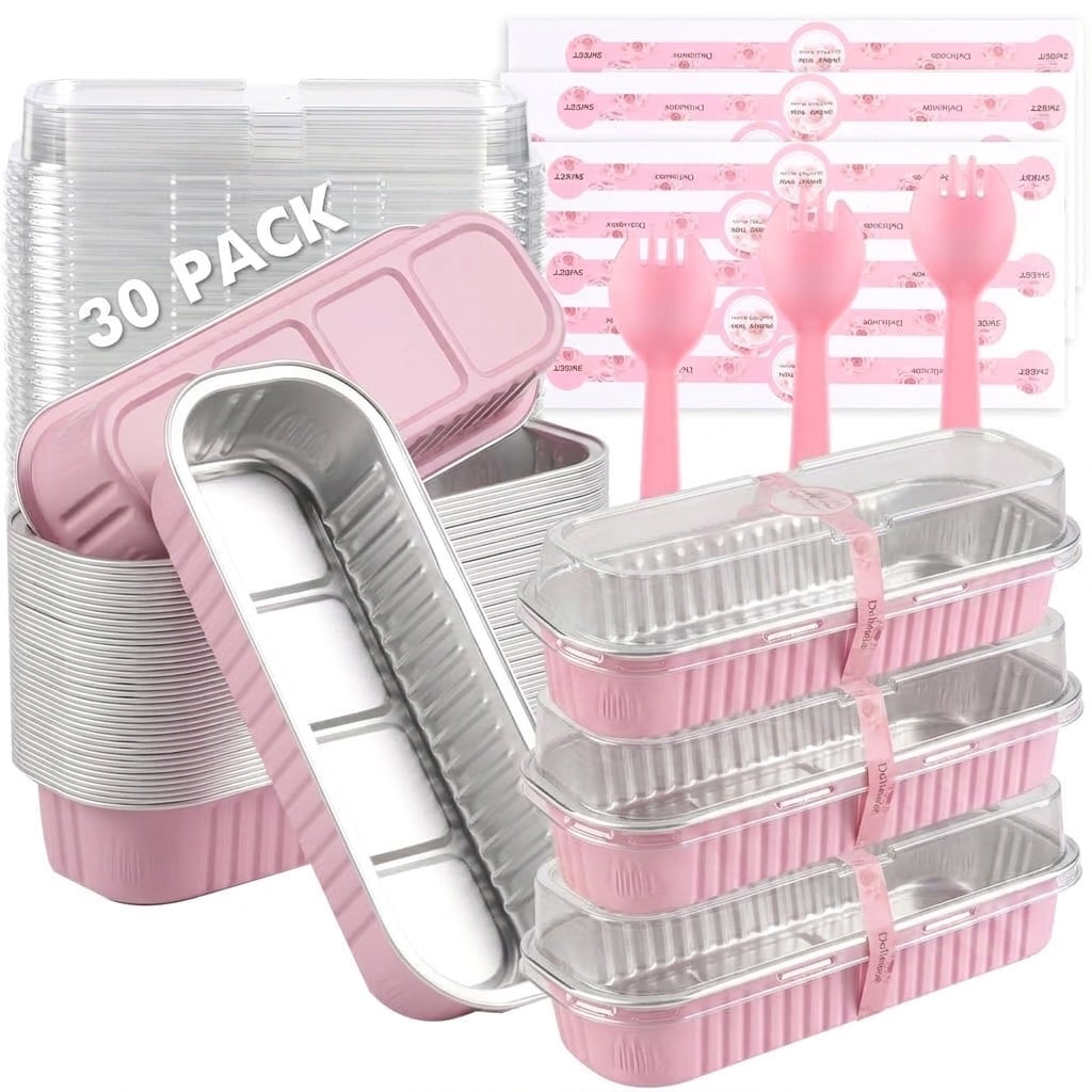 Aoibox  30 Pack Mini Disposable Aluminum Foil Loaf Pan with Lids and Spoons 5 9 x 1 8 x 1 18 in 6 8 oz Pink