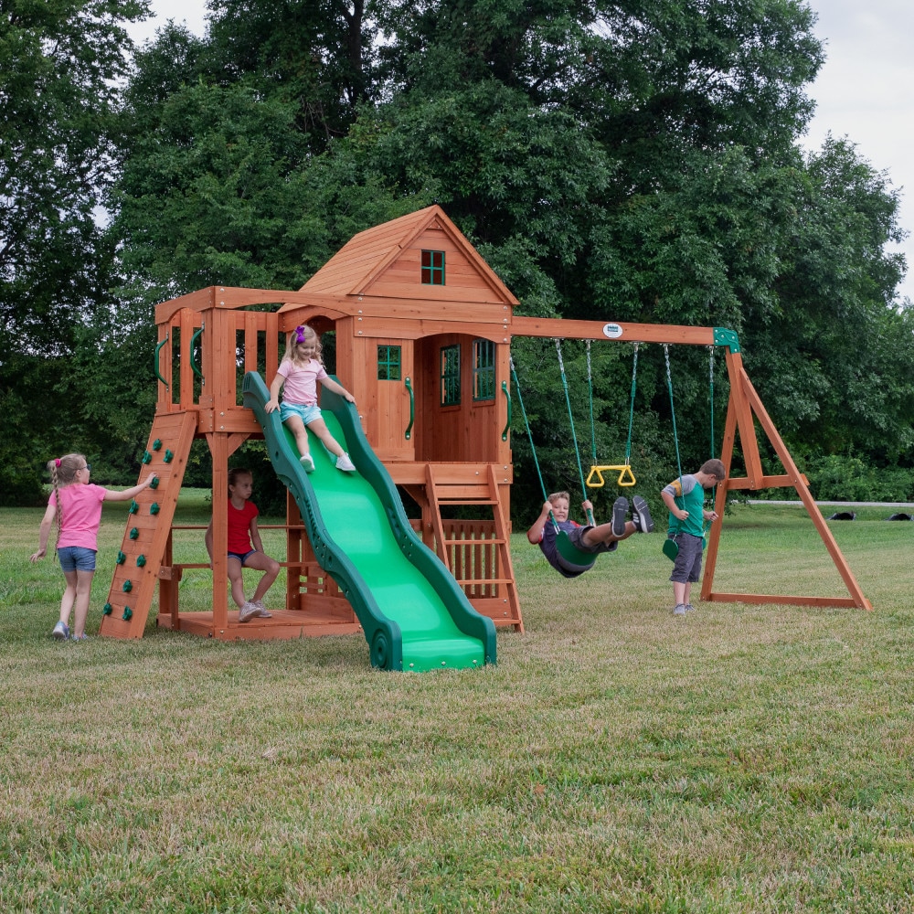 Backyard Discovery 1808058BCOM Hillcrest Residential Wood Playset with 3 Swings and Slide Included