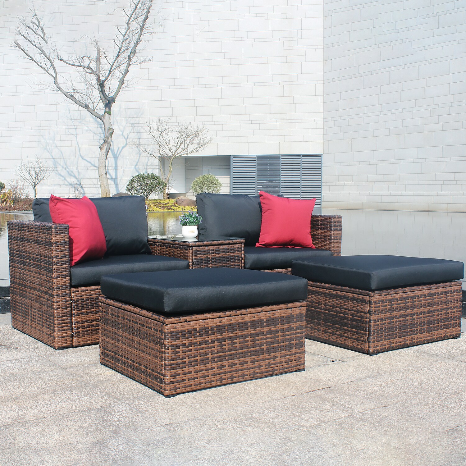 SINOFURN Rattan Outdoor Sectional with Red Cushion(S) and Rattan