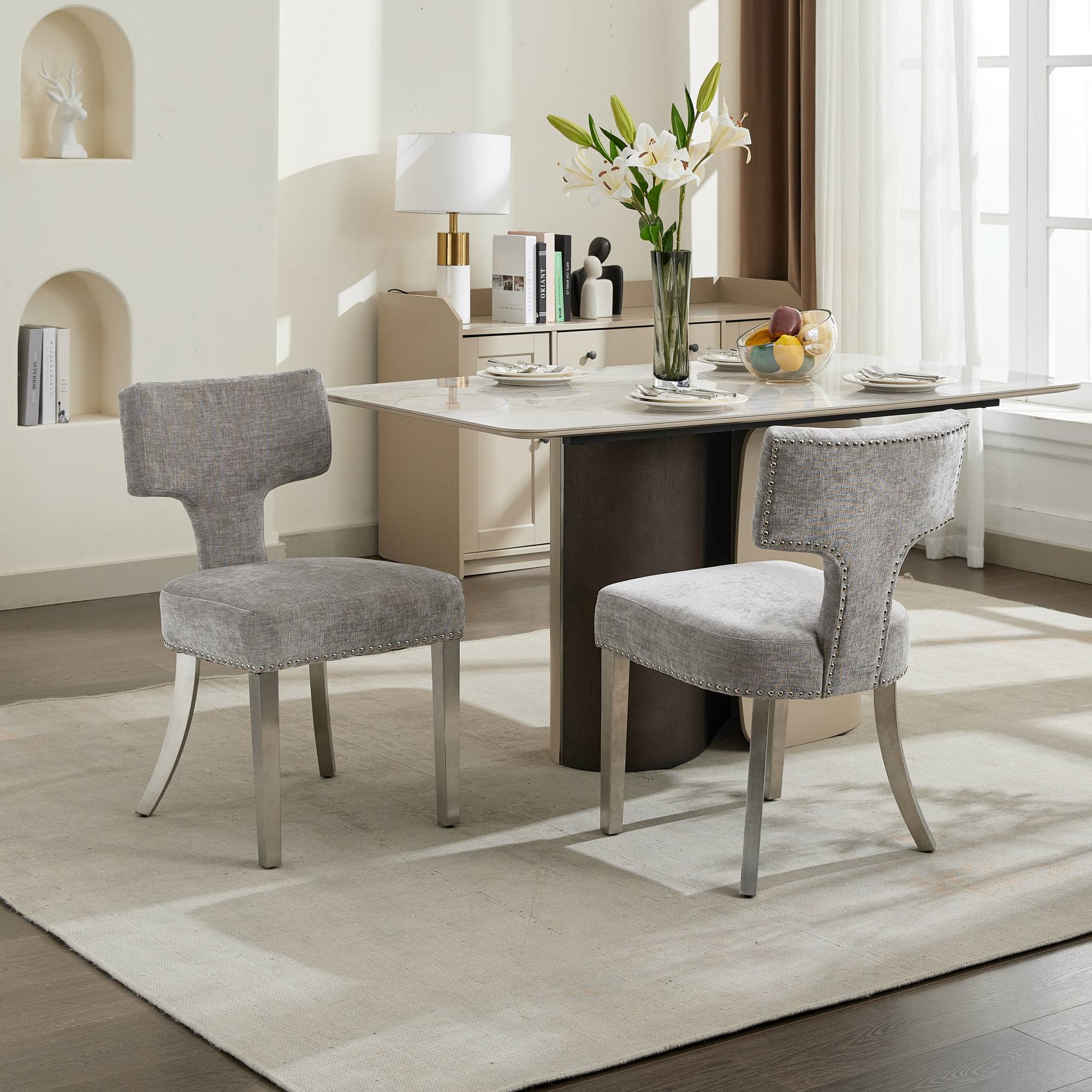 LOVMOR SF-L-W1143P314900 Modern Dining Chairs Set of 2 Farmhouse Chenille Fabric Upholstered Accent Chair Curved Backrest with Copper Nails around Gray