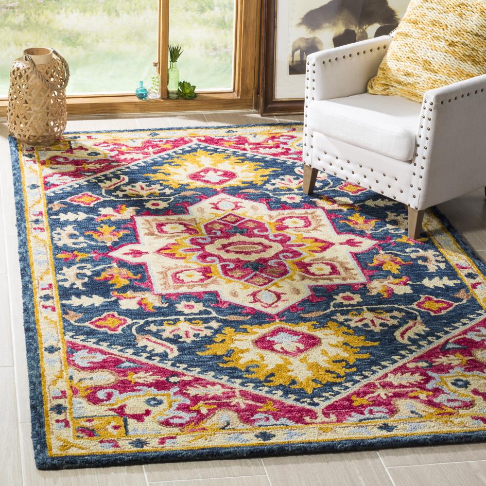 Navy and Fuchsia Square Wool Floral Area Rug