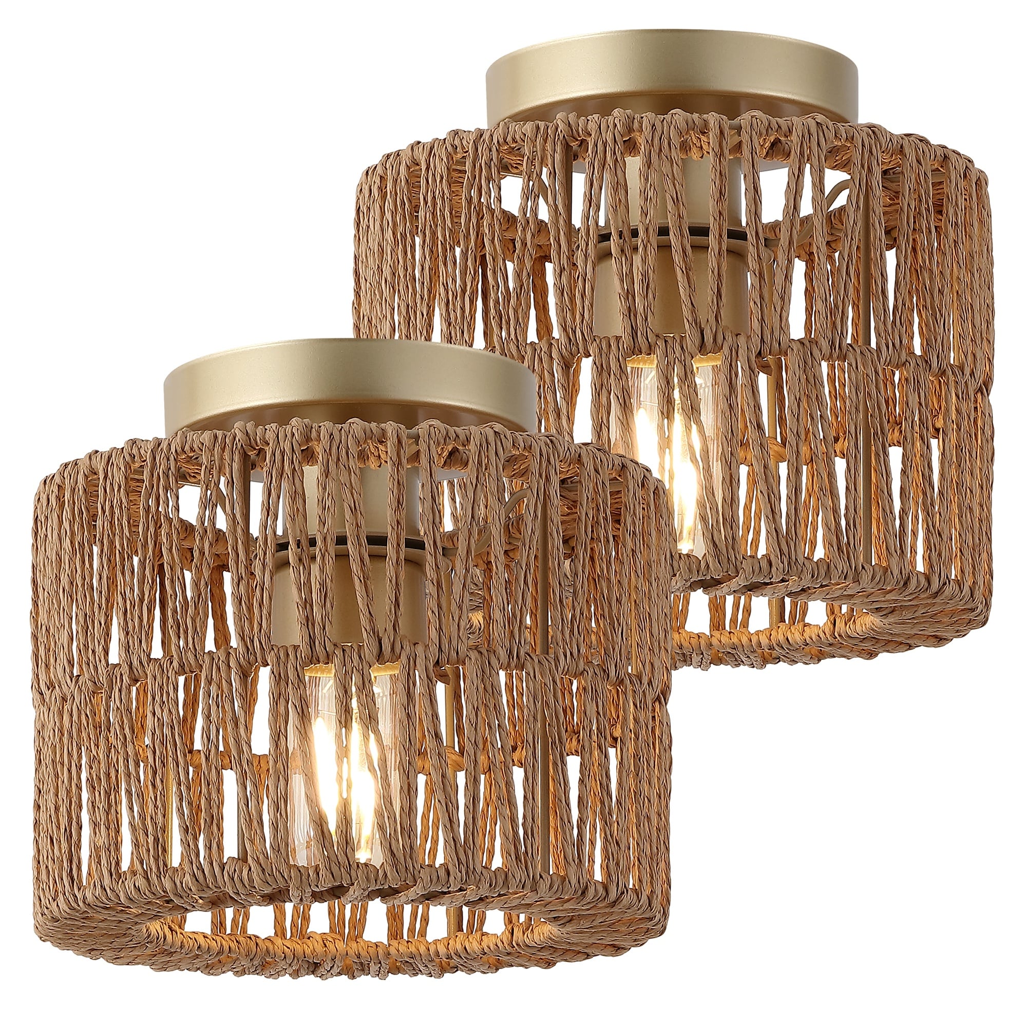 JONATHAN  Y Omar 8 in. 1-Light Modern Bohemian Metal and Cross Woven Paper Rope Drum LED Flush Mount - Natural/Brass Gold (Set of 2)