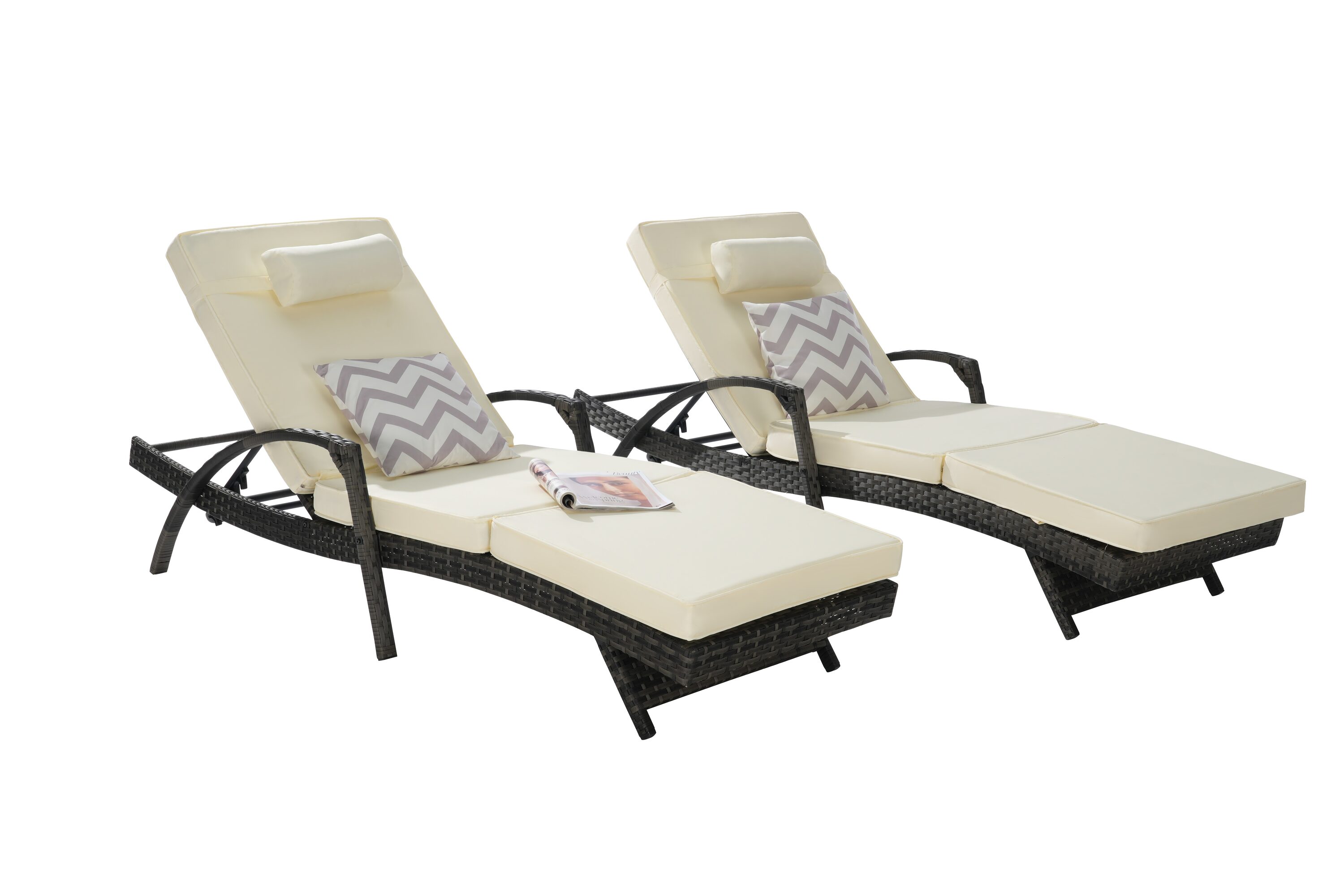 Maocao Hoom SH264730 Set of 2 Rattan Grey Metal Frame Stationary Chaise Lounge Chair with Brown Cushioned Seat