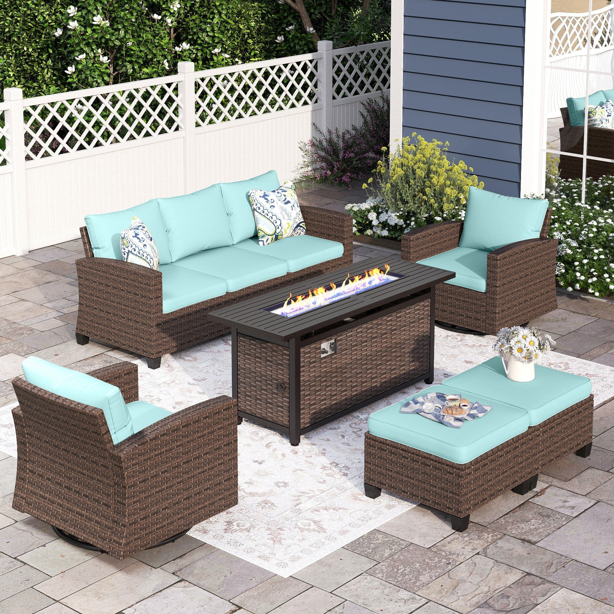 Sunshine Valley CR007-16-7-BU-GS103 Patio Furniture Set with Fire Pit 6 -Piece Wicker Patio Sofa Conversation Set with Blue CUSHION PRO Cushions