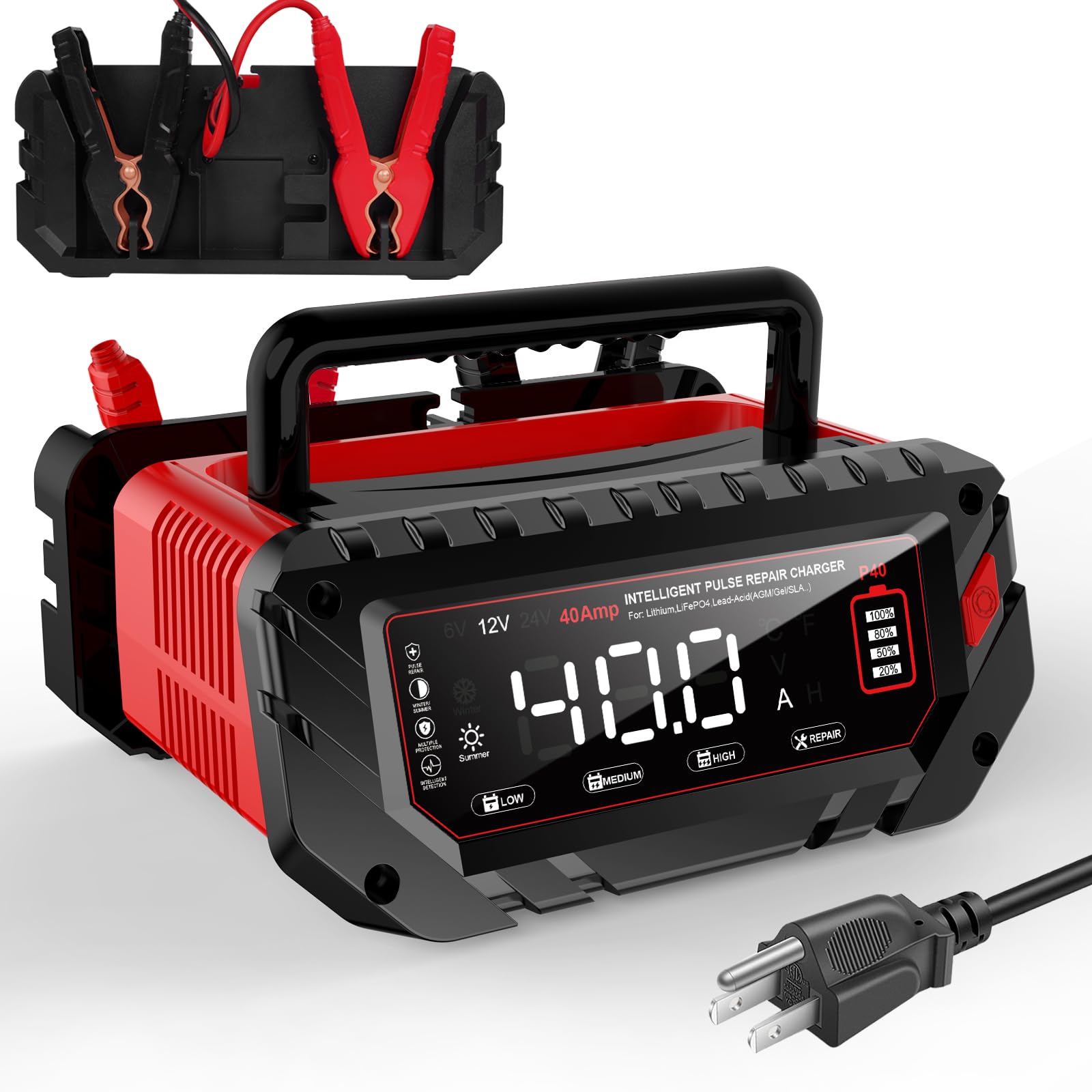 UUDULY  40 Amp power cell Charger 6V 12V 24V Smart Trickle Charger for Car Boat Motorcycle Lawn Mowers power cell Maintainer and Desulfurizer