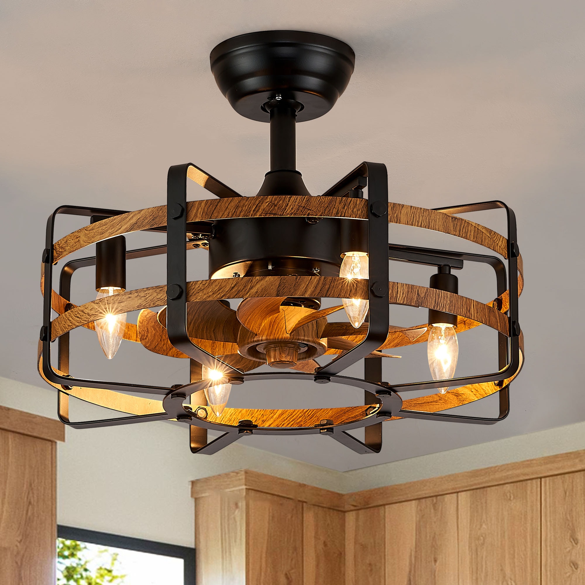 Antoine Modern Black Low Profile Farmhouse 20-in Wood Grain Fandelier  Indoor Cage Ceiling Fan and Remote (8-Blade) in the Ceiling Fans department  at