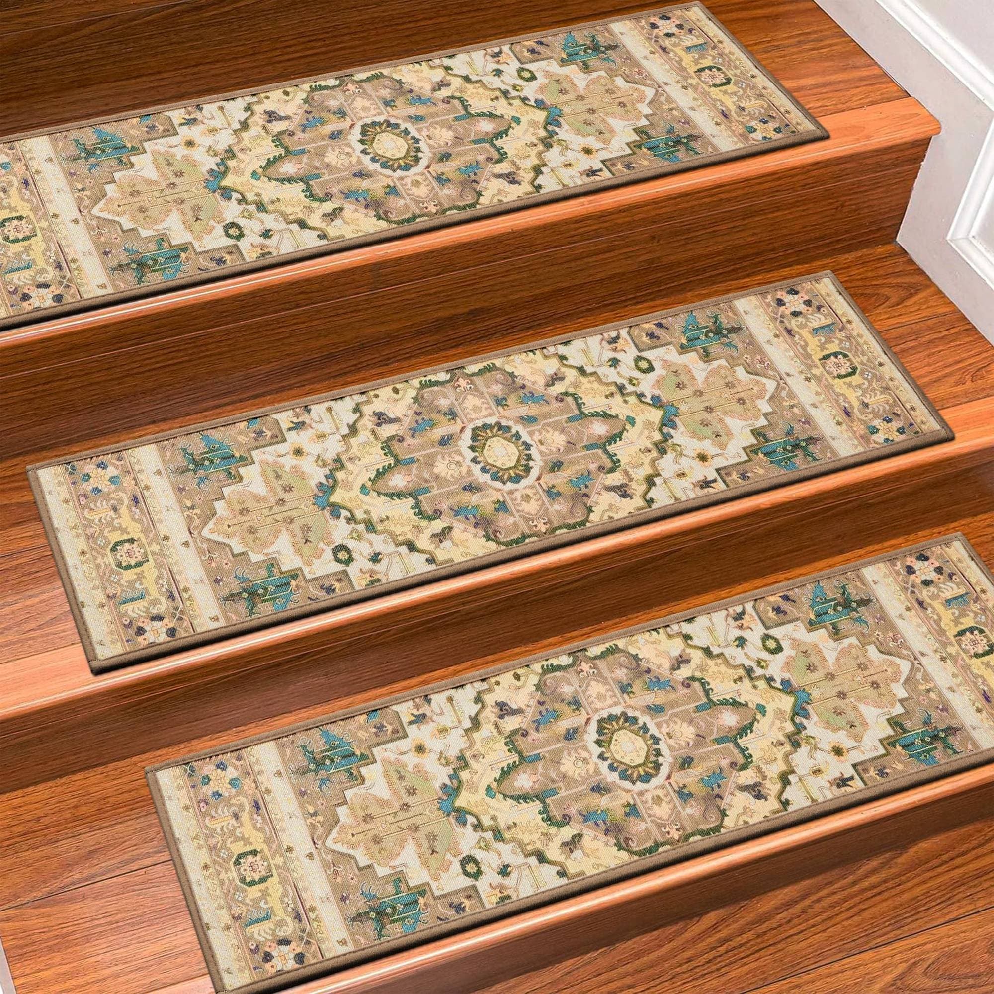 OGETFUUR 15 Pack 8in x 30in  Beige Non Slip Carpet Stair Treads for Indoor Stair Rugs featuring Durable Carpet Construction and Slip Resistant Design