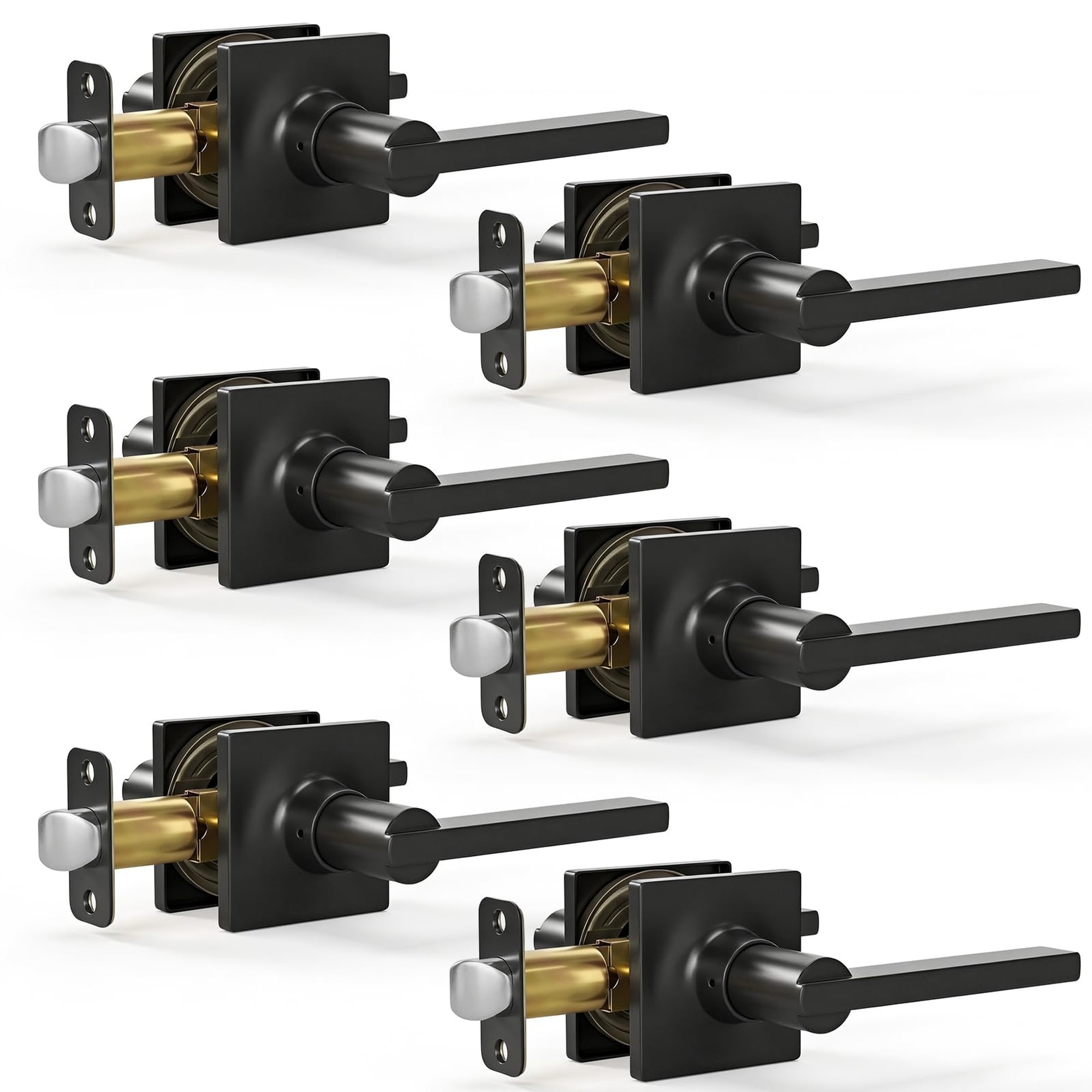 Numhew 6 Pack Matte Black Passage Door Lever Square Handle Set