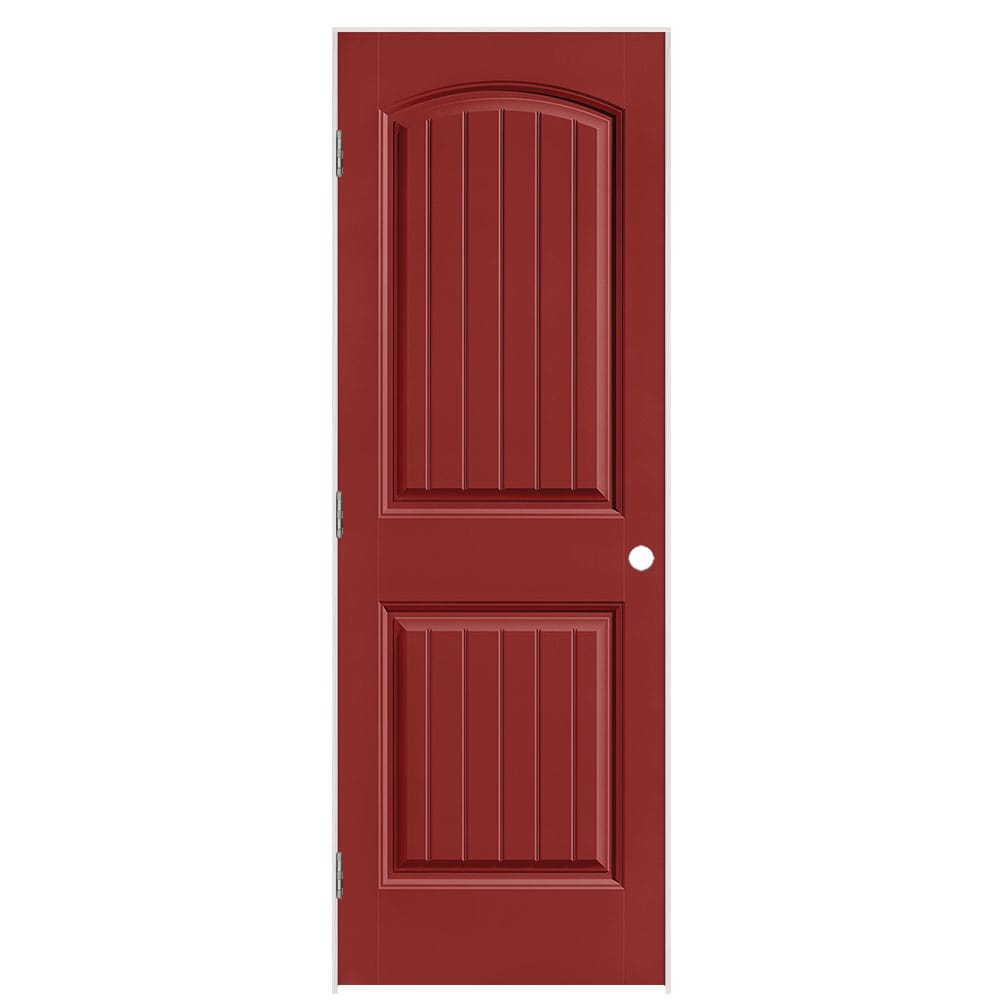 Masonite 1443808 28-in x 80-in Barn Red Solid core 2-panel round top plank Right hand Smooth Prefinished Molded composite Flat Jamb Single Prehung Interior Door