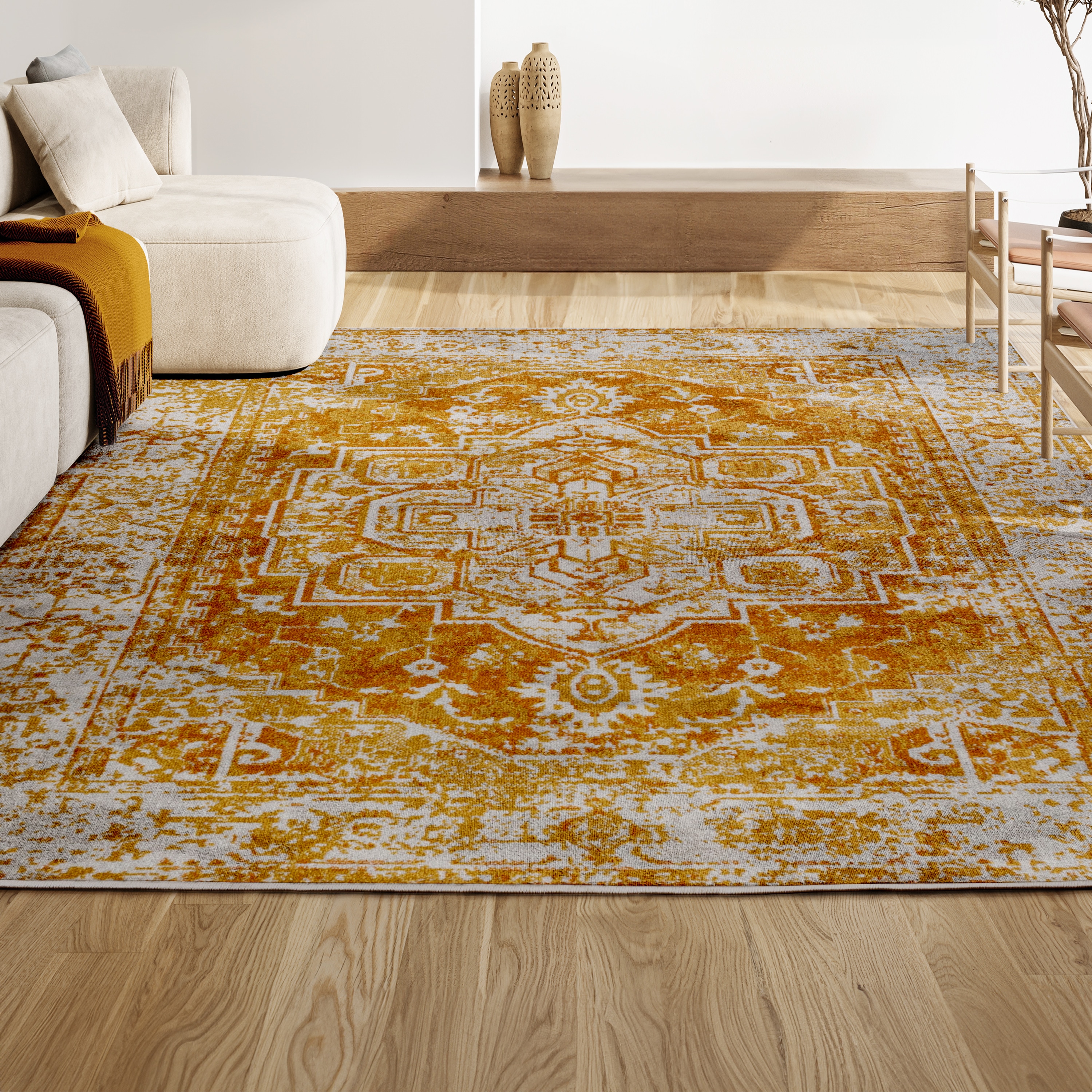 Audrey Ivory and Orange Medallion Bohemian Area Rug