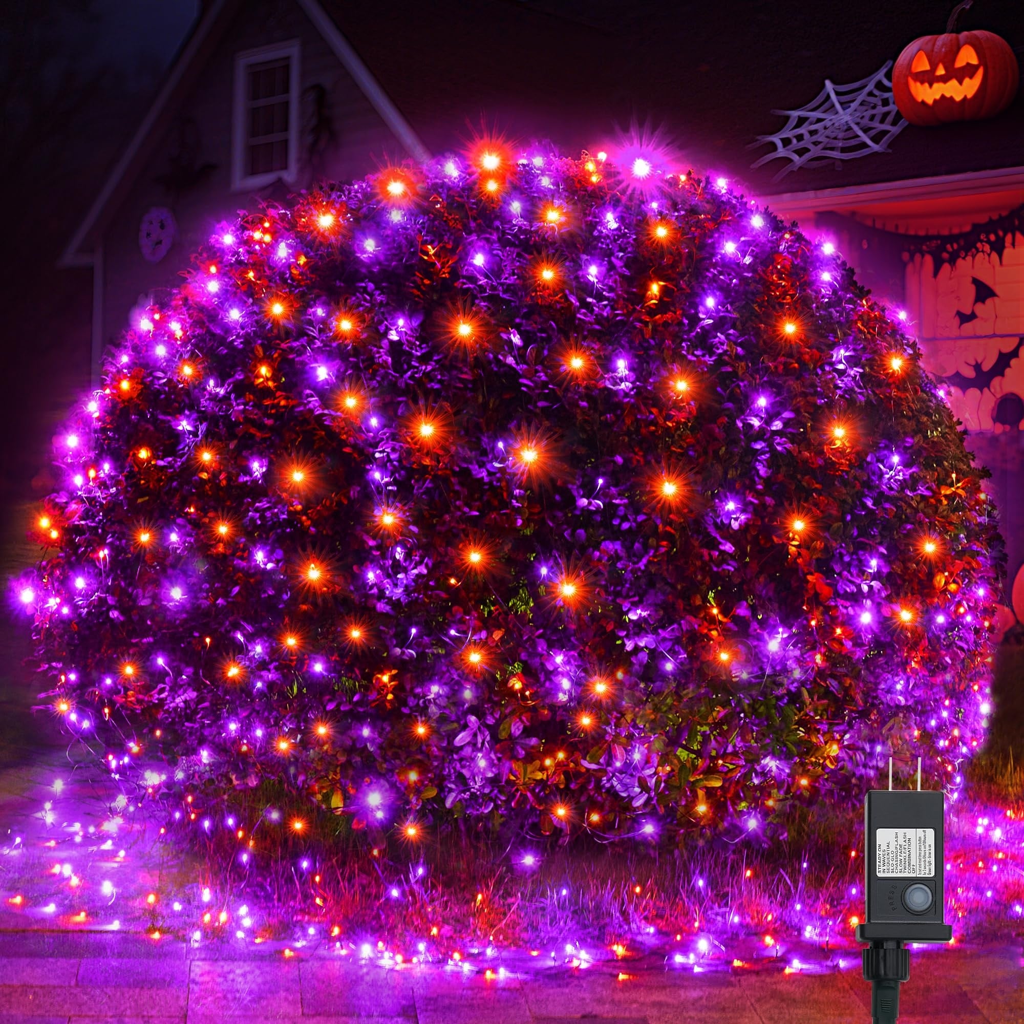 Oyezvary  Halloween Net Lights Outdoor 200LED 8FT x 5FT Orange Purple Mesh with 8 Modes Timer Connectable Waterproof for Lawn Bush Trees