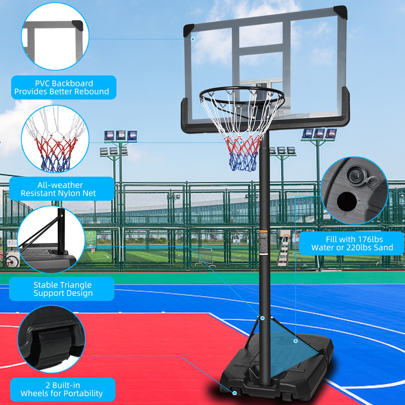 Flynama 44-in Fiberglass Backboard Adjustable Height Basketball System ...