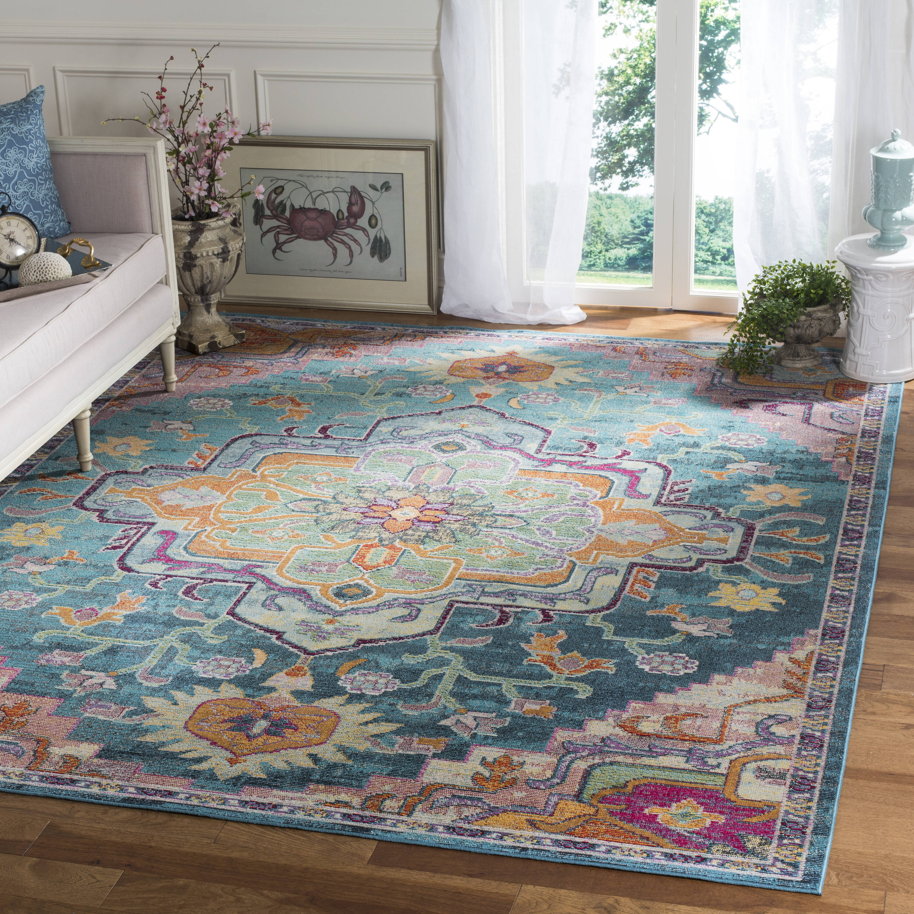 Safavieh CRS501T-8 Crystal Fable 8 x 10 (ft) Loomed Polypropylene Teal/Rose Rectangular Indoor Floral/Botanical Oriental Area rug