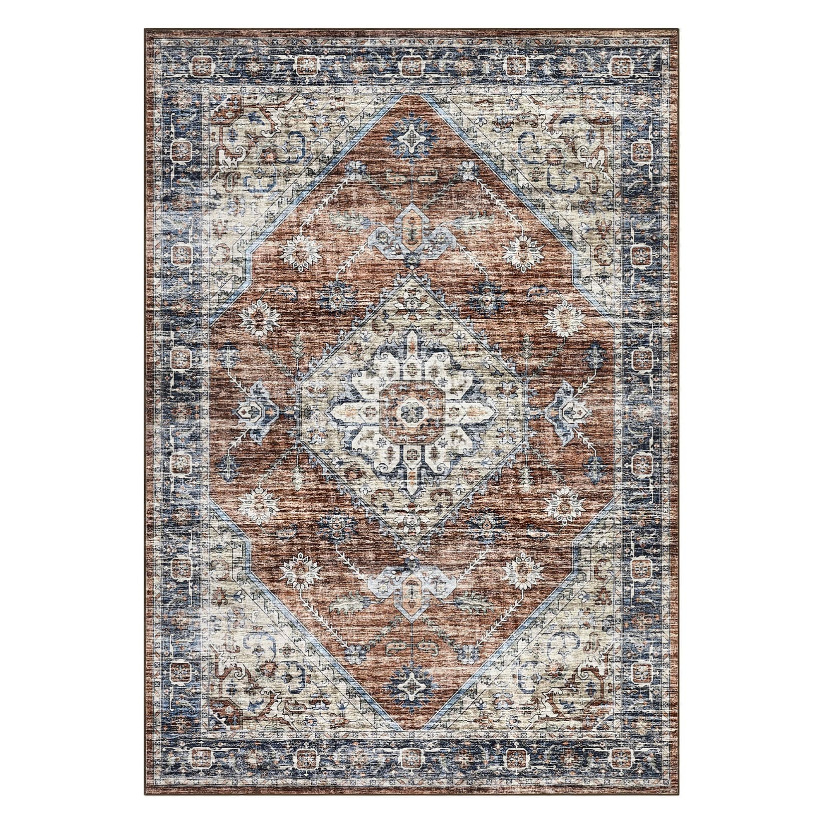 Qeetex LSN-PHK-33EUHW6J 8 x 10 ft Polyester Cashmere Imitation Red Rectangular Hallway Bathroom Entryway Kitchen Office Foldable Geometric Persian Washable Area Rug