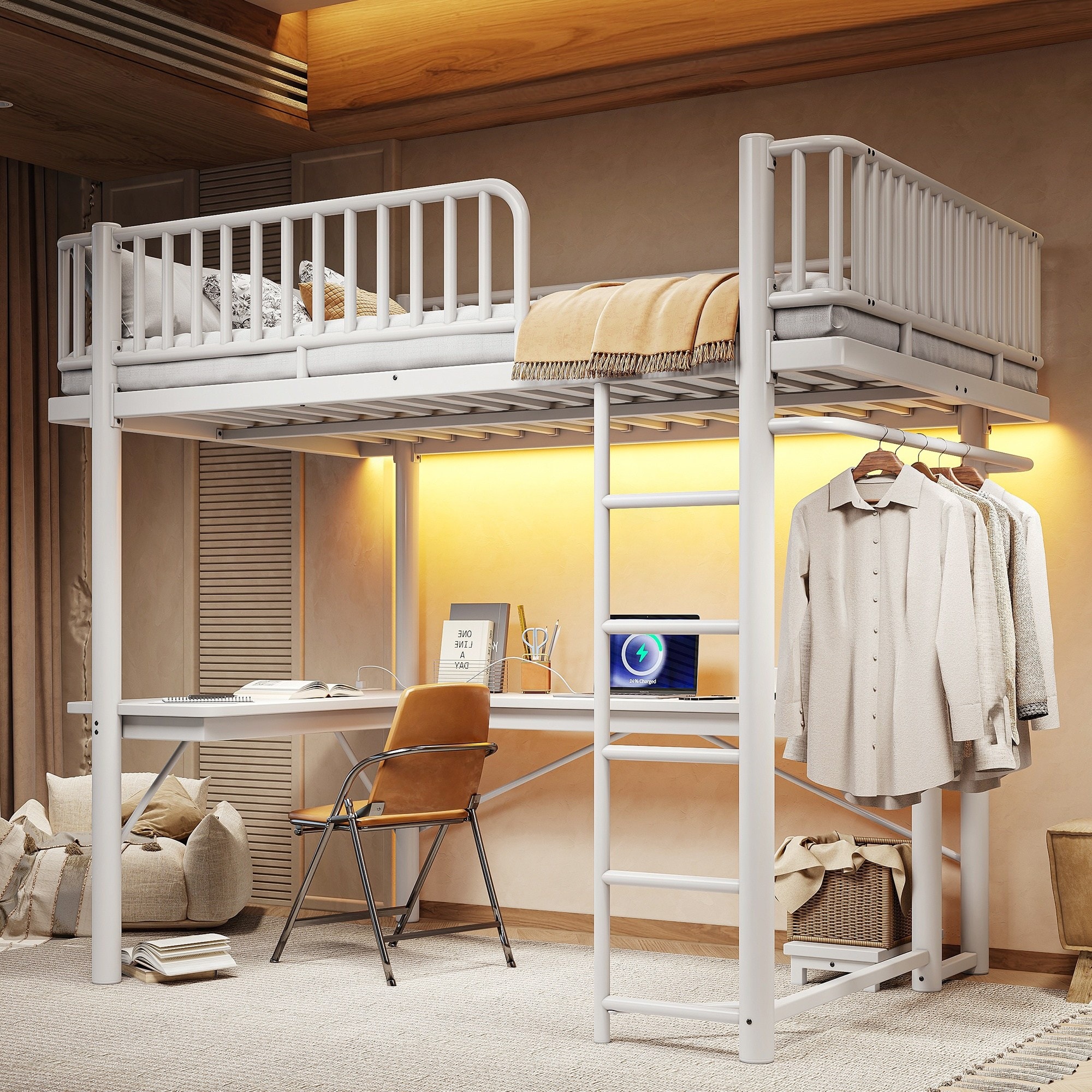 Horizons Prime Full White Metal Loft Bed with L-Shaped Desk LED Light Strip and Charge Station Special Round Pipe Design with Computer Mainframe Tray and Hanging Area