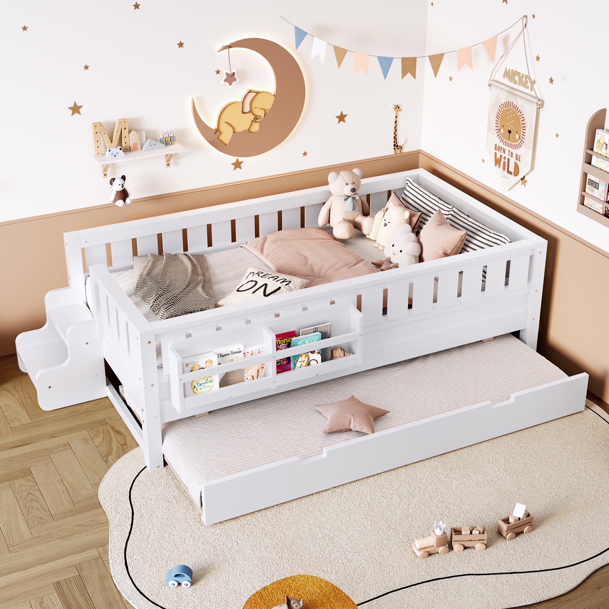 SUNALLY Twin with Built in Bookshelves and Small Staircase High Quality ...