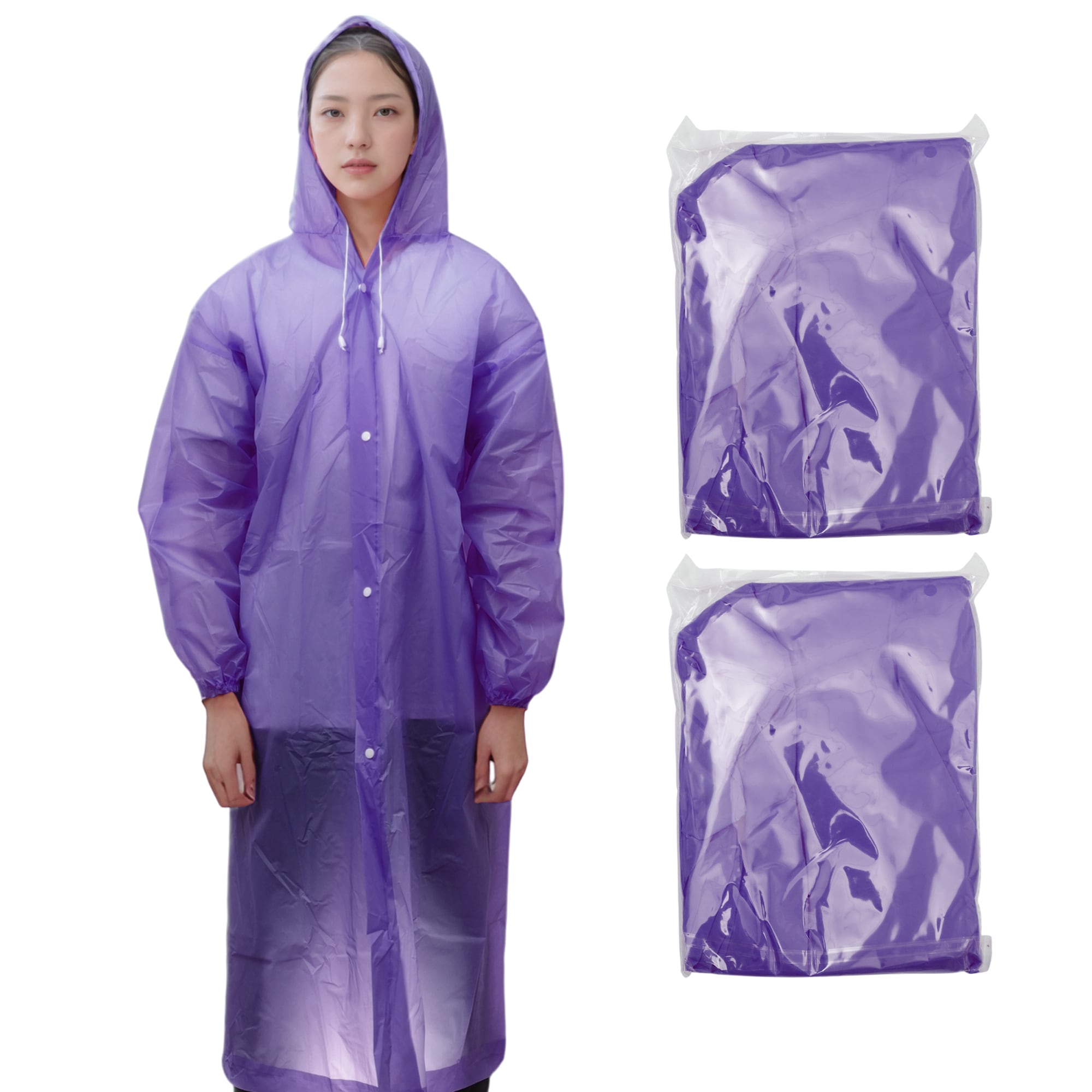 Unique Bargains 2pcs Reusable Rain Ponchos Emergency Raincoats with Hood and Drawstring Waterproof Ponchos EVA Rain Coats for Men and Women Purple