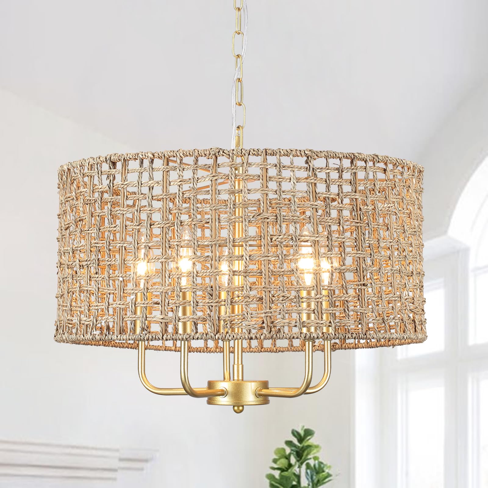 AOIZGMY  Hand Woven Rattan Chandelier Five Lights Large Gold Farmhouse Pendant Light Fixture with Wicker Shade for Dining Room Kitchen Living Room