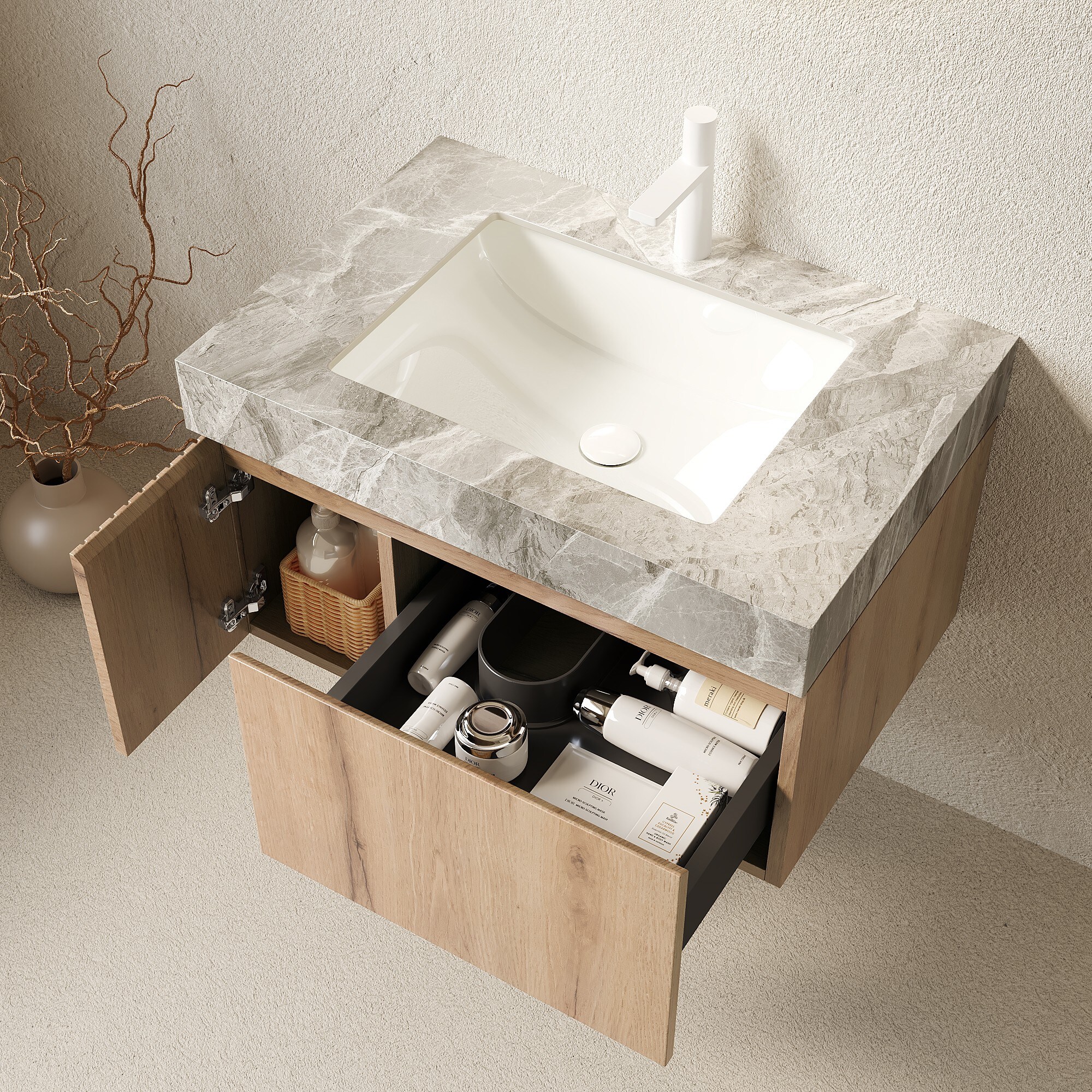 Cuschoice  30 in.Single Sink White Oak Floating Bathroom Vanity Stone Gray Top Ceramic Basin Soft-close Door Drawer