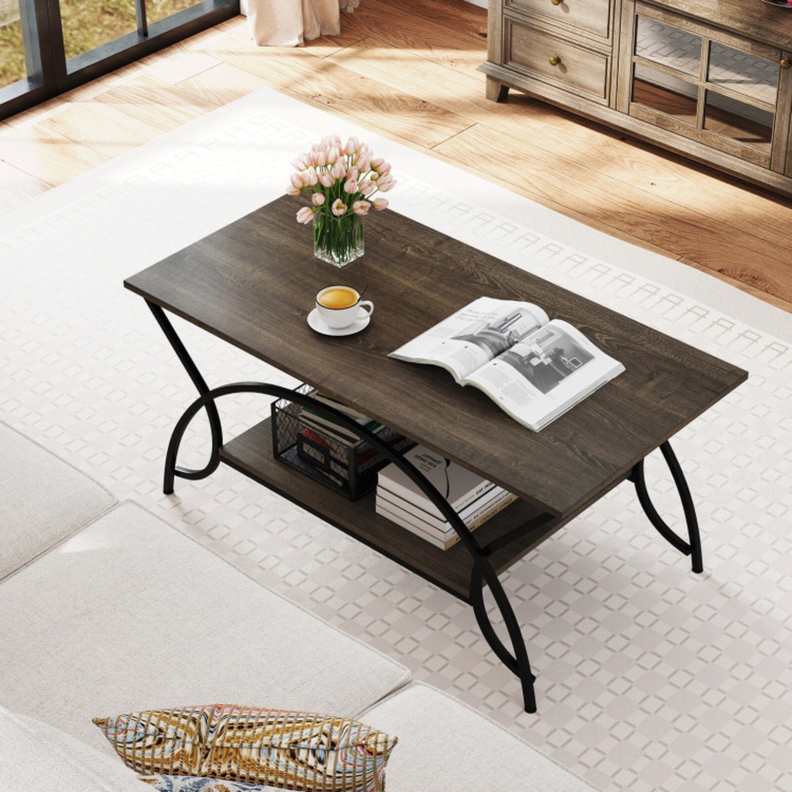 SUGIFT 39.5-in 2-Tier Coffee Table Oak Coffee Tables for Living Room ...