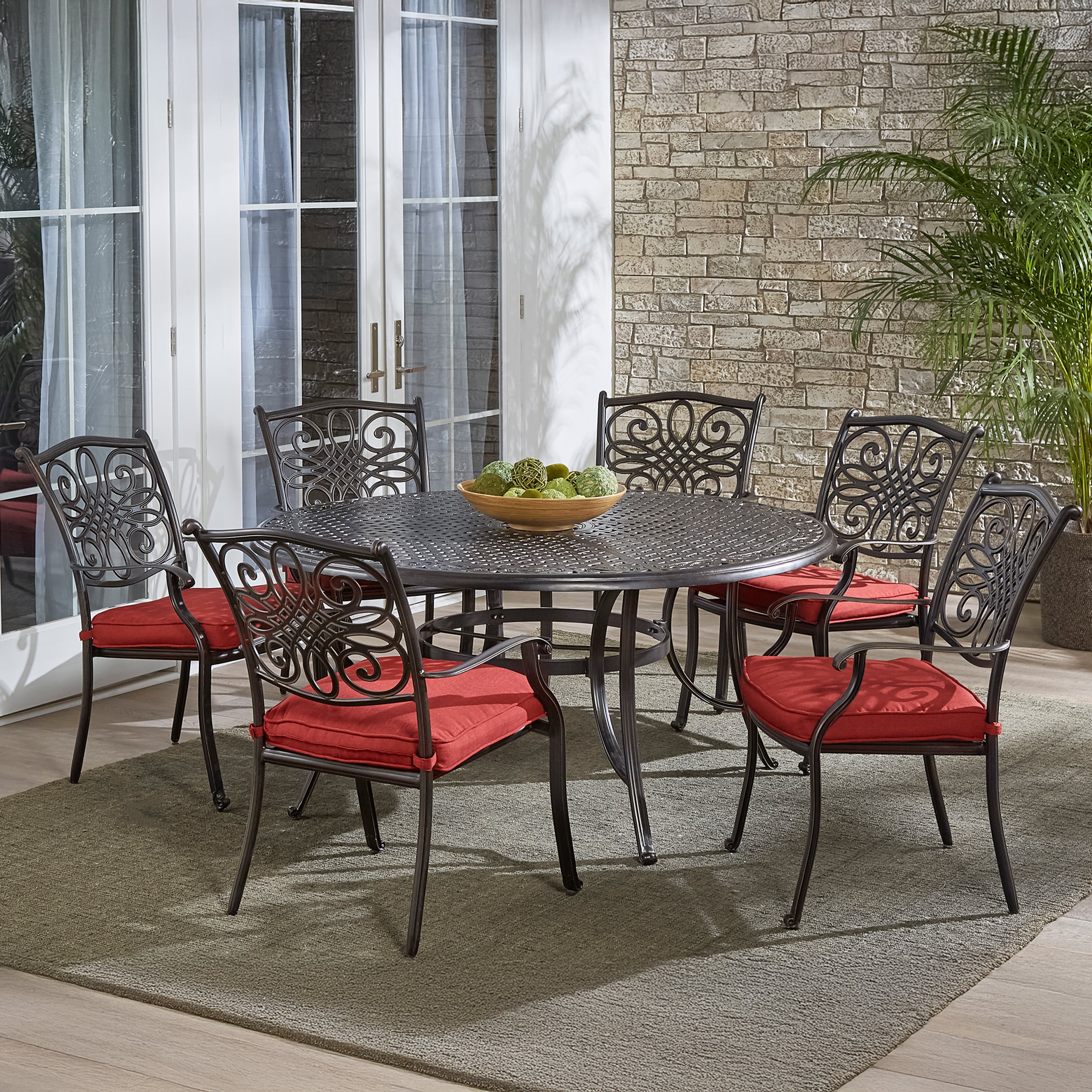 Hanover TRADDN7PCRD-RED Traditions 7 -Piece Bronze Patio Dining Set Aluminum Round Table with 6 Red Cushions Stationary Chairs