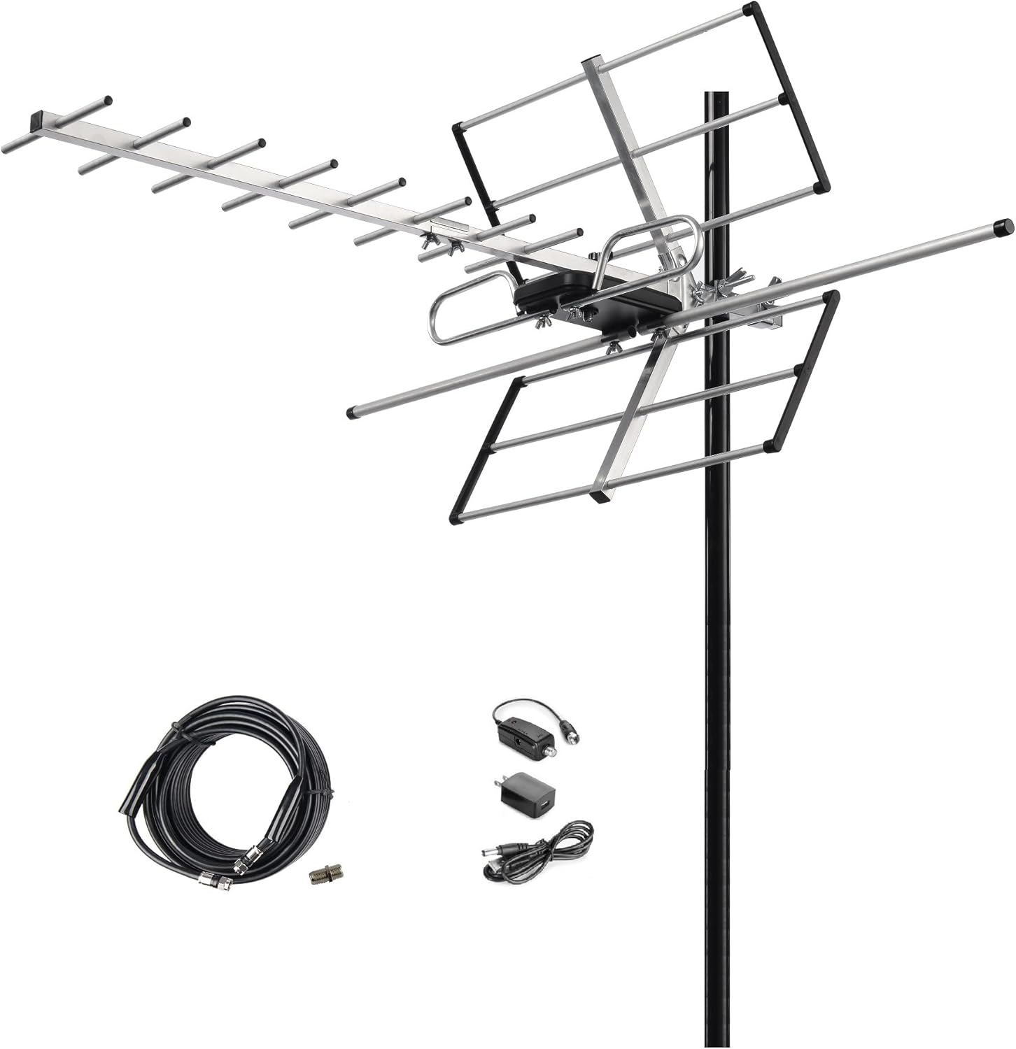 Etokfoks  digital amplified outdoor HDTV antenna with built in amplifier 120 mile range VHF UHF 170 to 230MHz and 470 to 860MHz plus 40 ft