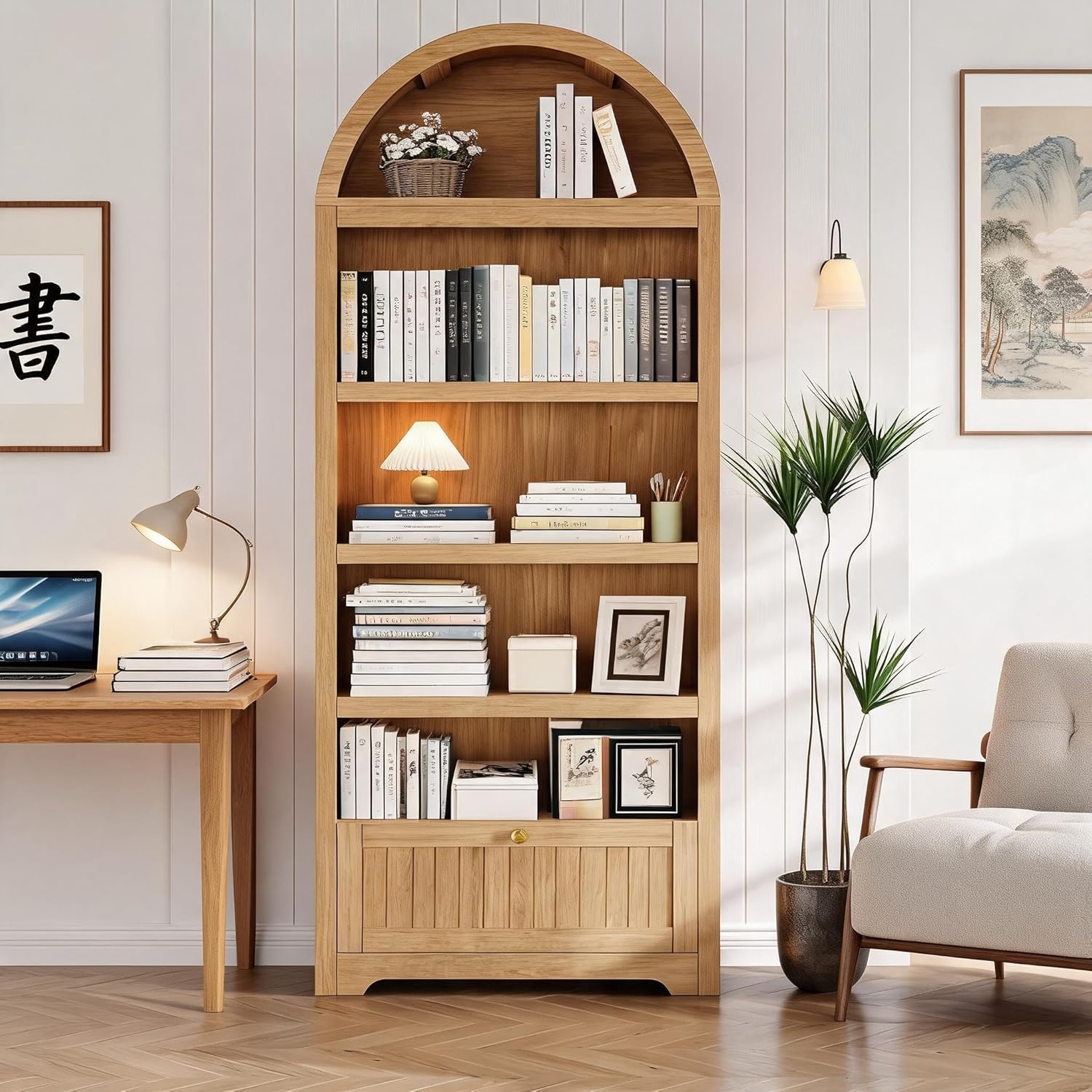 IdealHouse - Arched Bookcase with Drawer 71.65 Inch Tall Bookshelf with Storage Shelves and Woode...