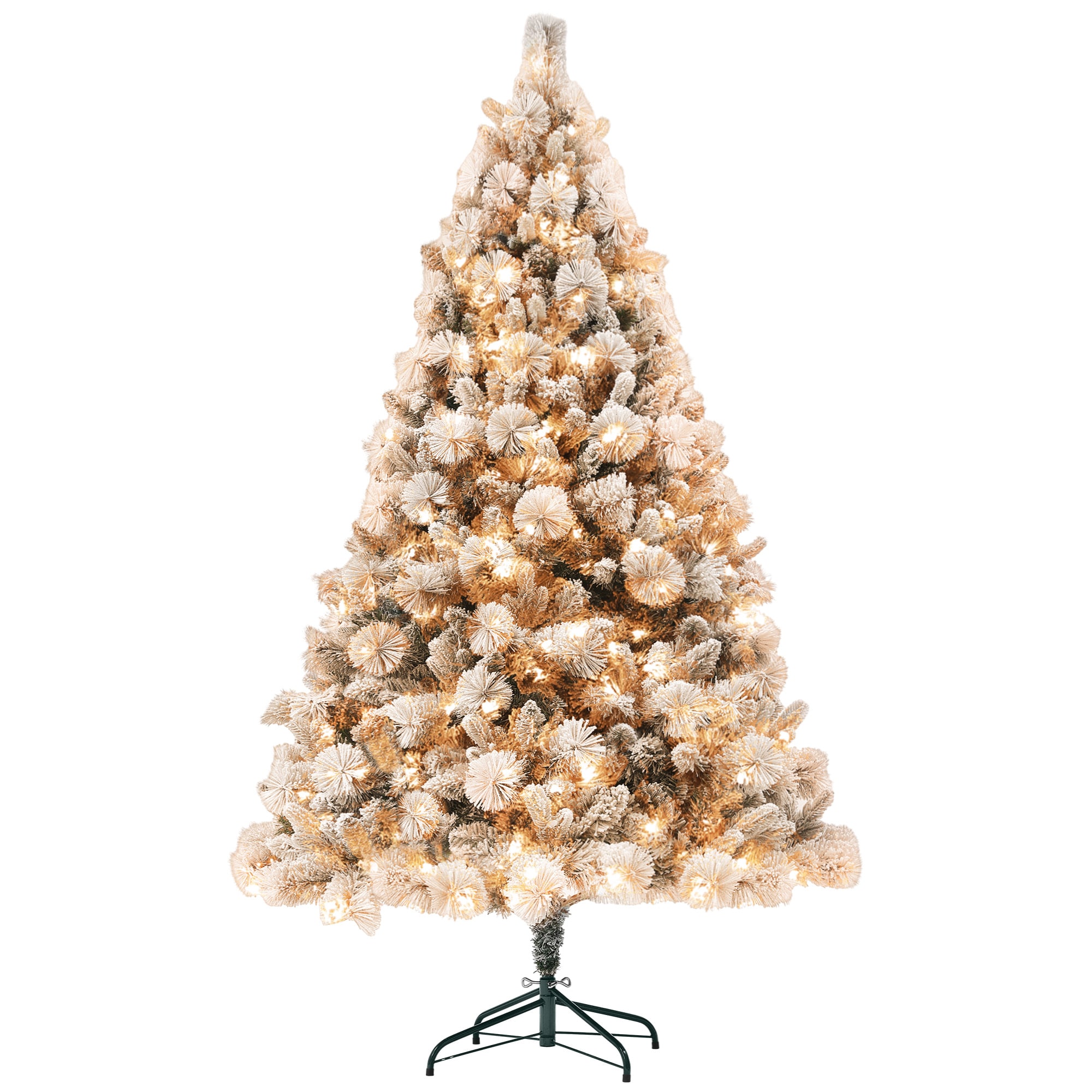 GDFStudio 6.5 ft Pre-Lit Artificial Christmas Tree with 350 Clear Lights and 1107 Tips Snow Flocked Christmas Tree with Metal Stand Hinged Xmas Tree for Home Office Holiday Green