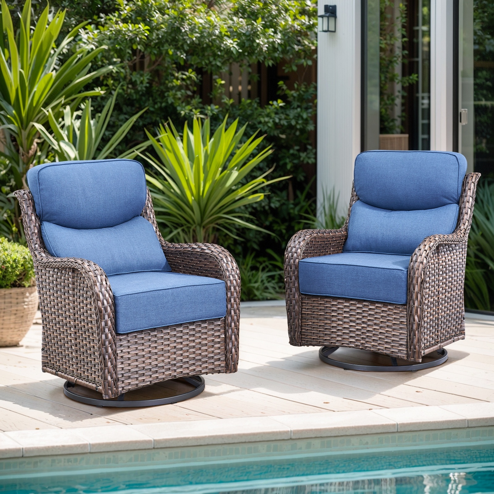 Pocassy Set of 2 Woven Black Metal Frame Swivel glider Conversation Chair with Blue Cushioned Seat