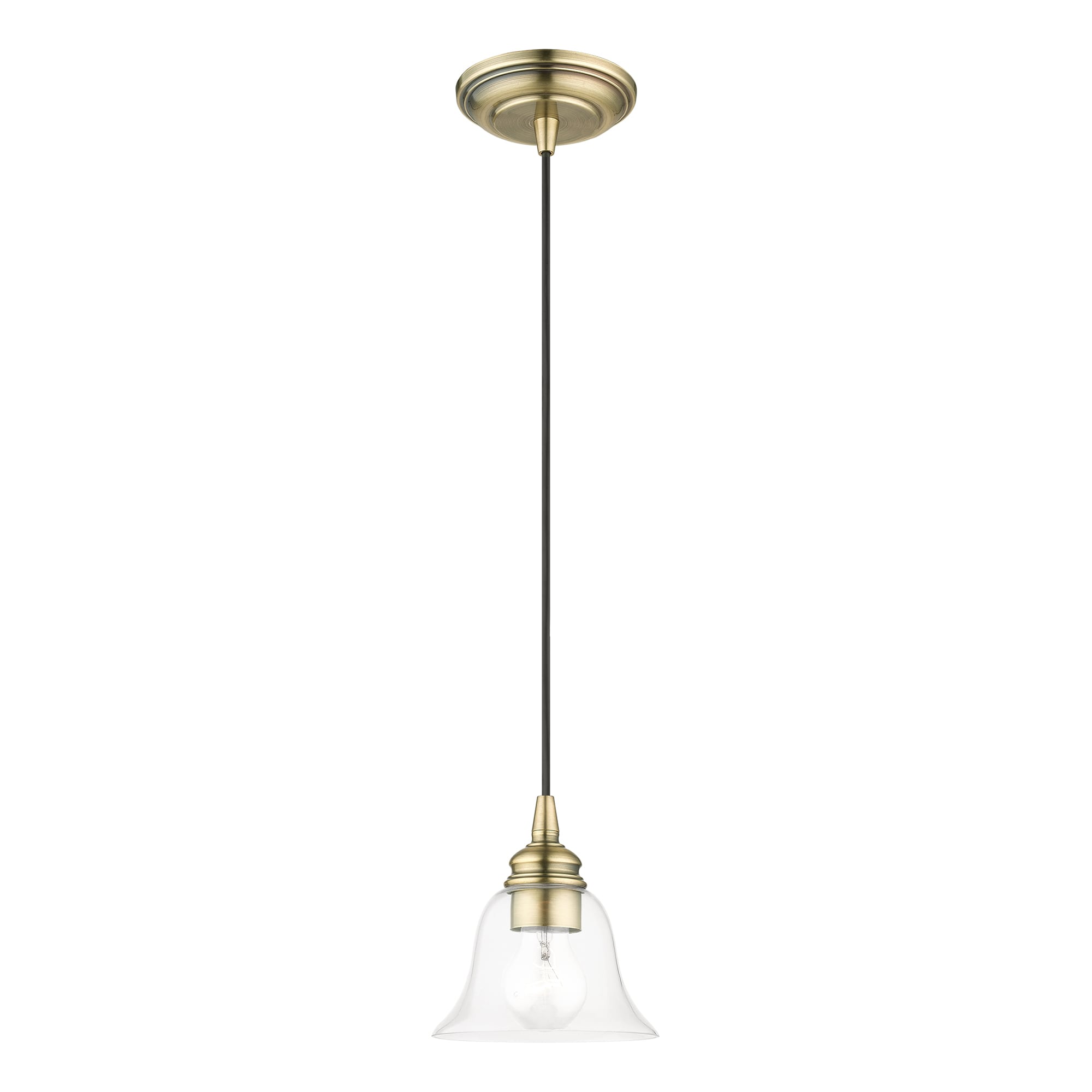 Transitional Hand-Blown Clear Glass Pendant in Antique Brass