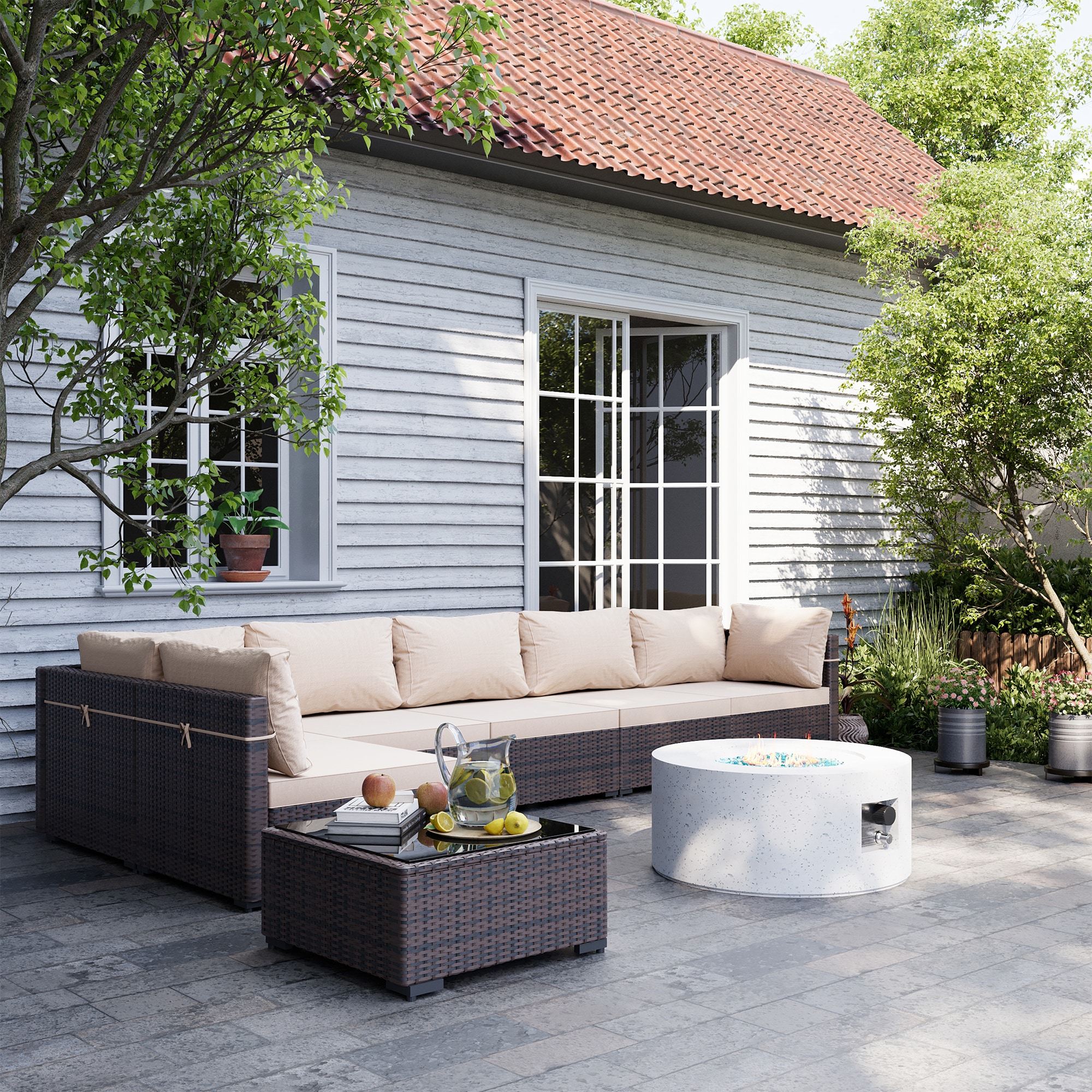 UPHA TBSF-ABC28SYMB-BEIG 8 -Piece Wicker Patio Conversation Set with Off-white Cushions