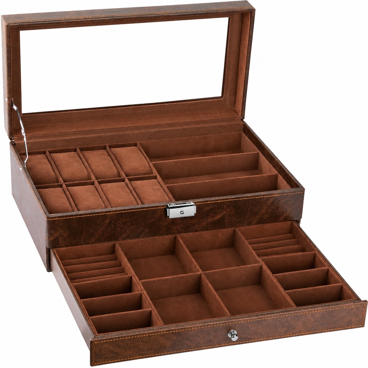 Etokfoks  2 Tier Brown Woven Pattern PU Leather Velvet Lining Lockable Watch Jewelry Organizer Case with Glass Lid