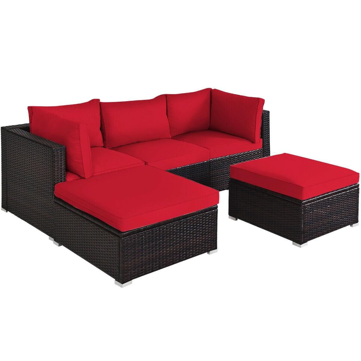 Slickblue D-CO-+ERA87686WH 5 Piece Rattan Outdoor Sectional Sofa Set 2 Corner Sofas 1 Armless Sofa 2 Ottomans with Cushions for Patio Garden Balcony Yard Multiple Color Option