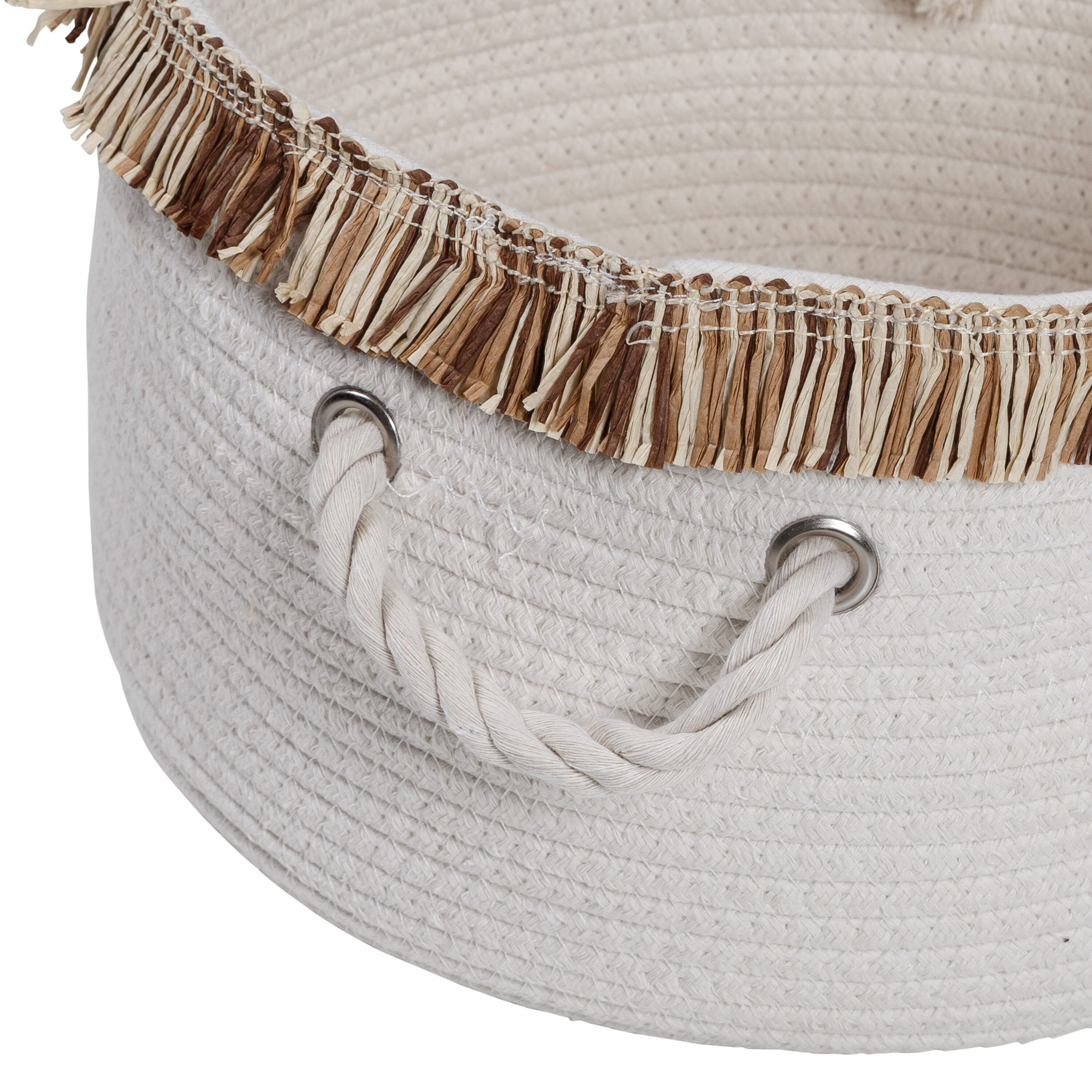 Set of 3 White Cotton Rope Round Baskets with Fringe