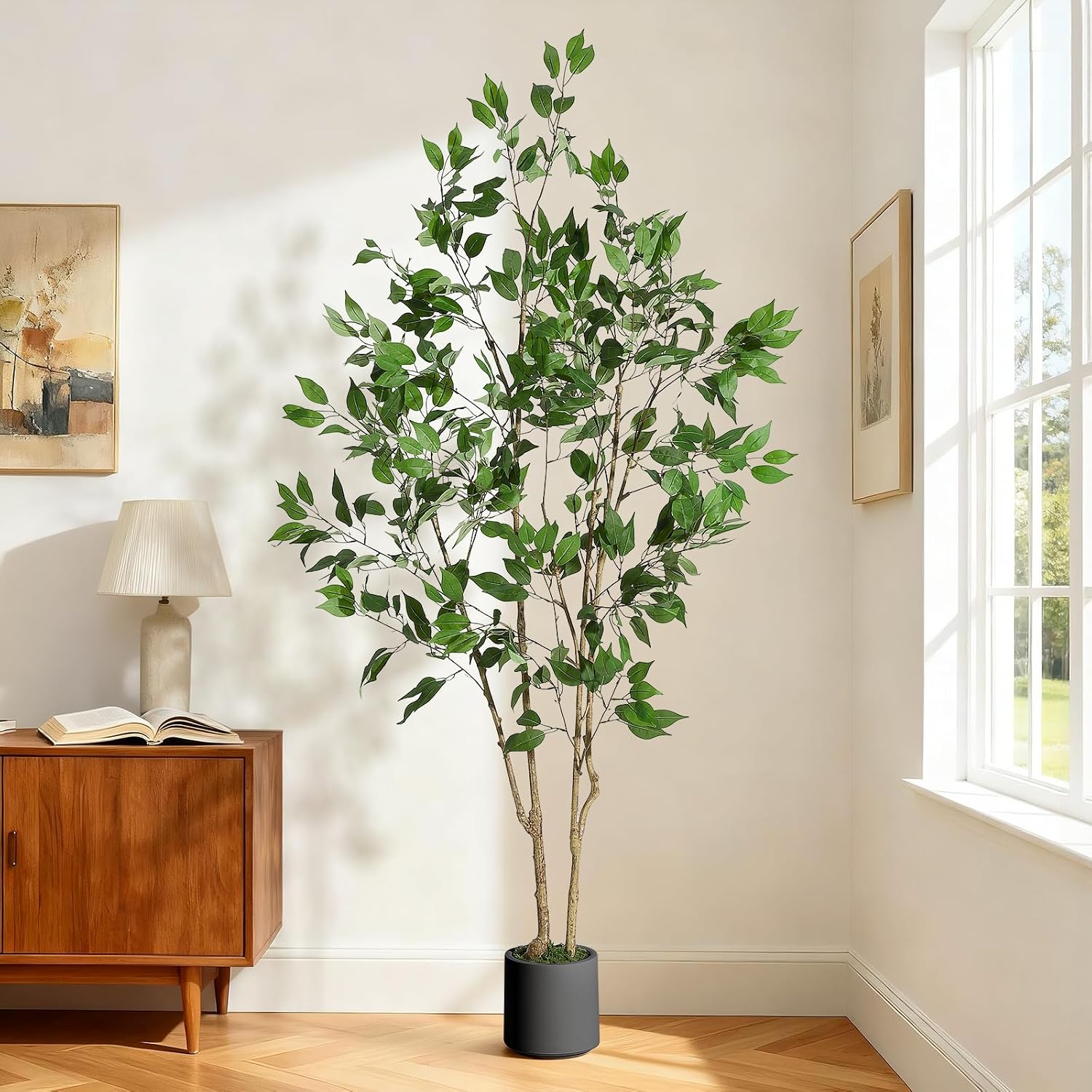 Garvee Ficus Trees Artificial Indoor 6FT Tall Faux Ficus Tree with Black Planter Green Fake Moss Artificial Plants with Natural Wood Trunk Lifelike Fruits for Home Office Decor