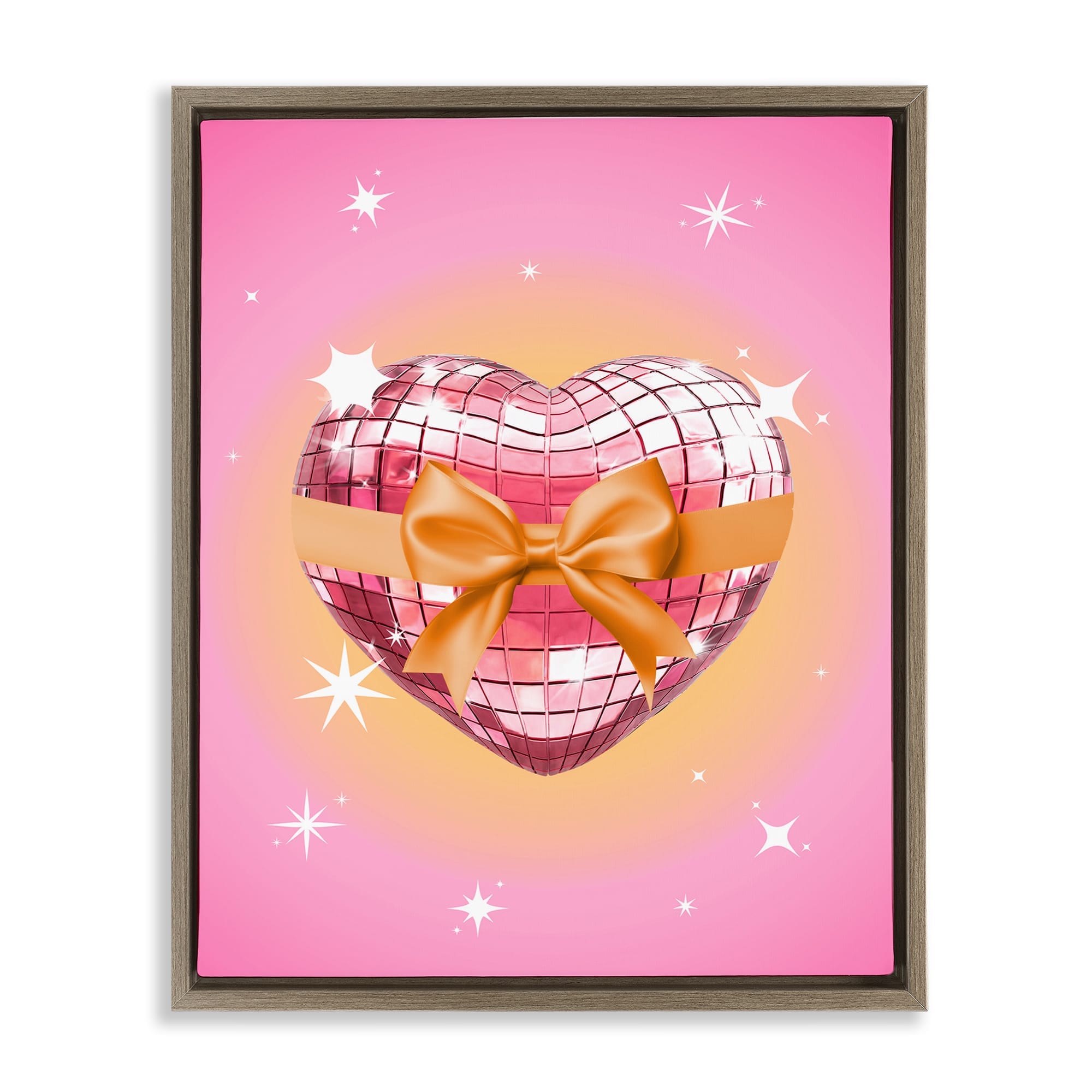 Stupell Industries BS-197-FFE-16X20 Heart Disco and Ribbon Brown Framed Floater Canvas Wall Art By Susan Arnot 17 x 21