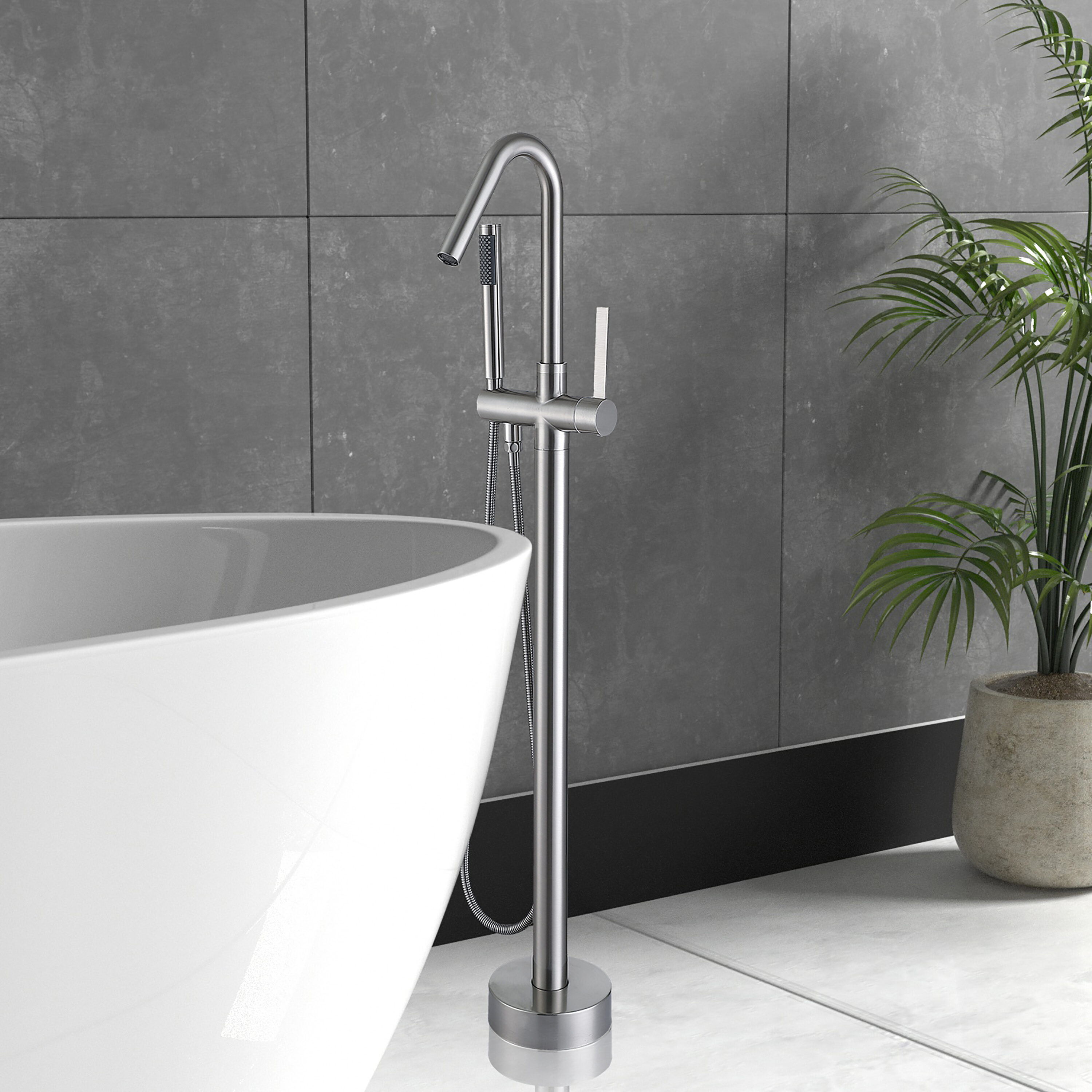 Maincraft HHK034BN Brushed Nickel 1-handle Freestanding High-arc Bathtub Faucet with Hand Shower