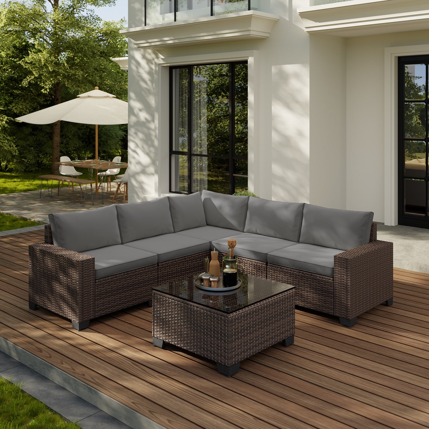 Lofka 6 Pieces Outdoor Patio Conversation Set with Beige Pillows Balcony Furniture Set for Porch Garden Deck Backyard - Gray