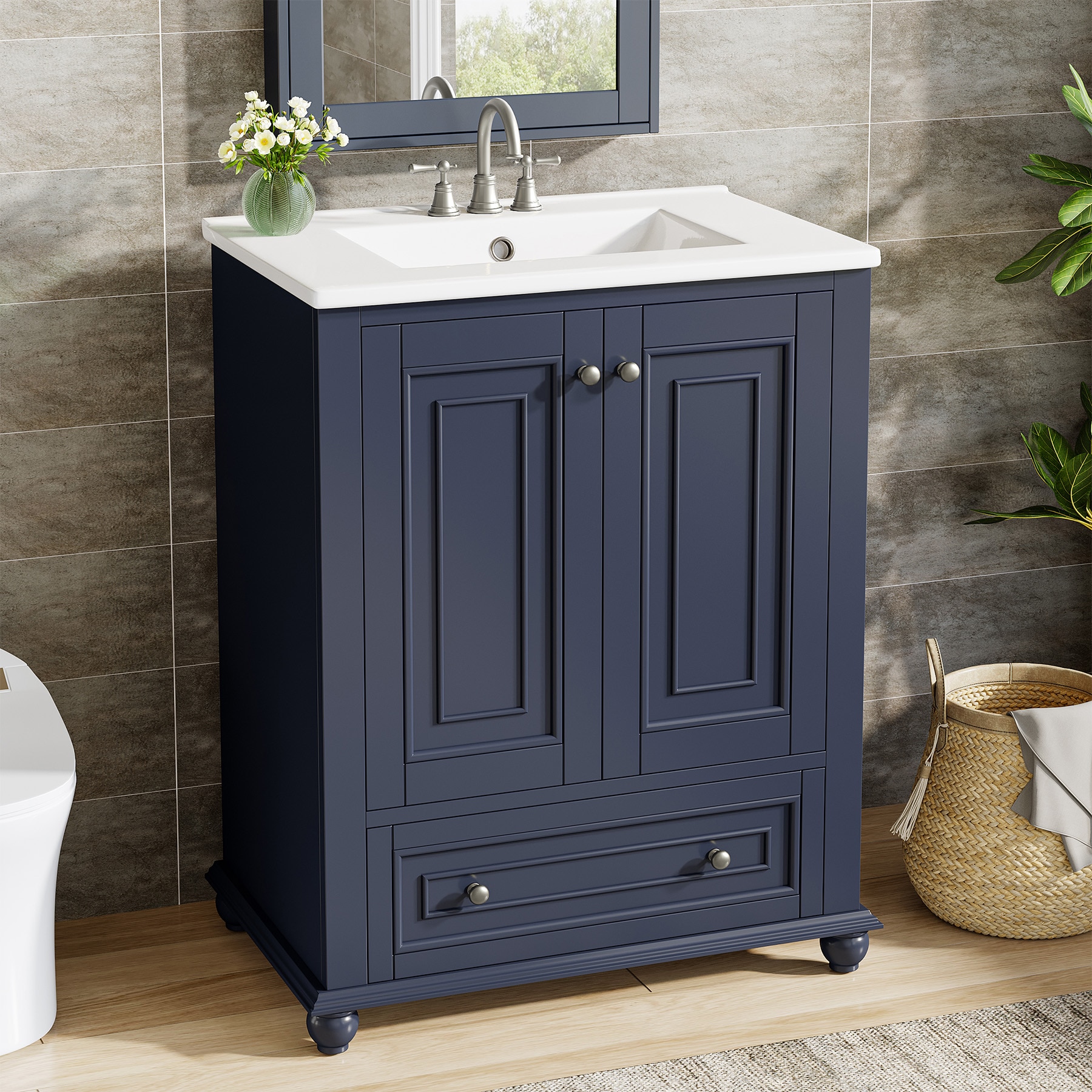 Tribesigns 24 in. Single Sink Freestanding Blue Bath Vanity with White Ceramic Top Unassembled