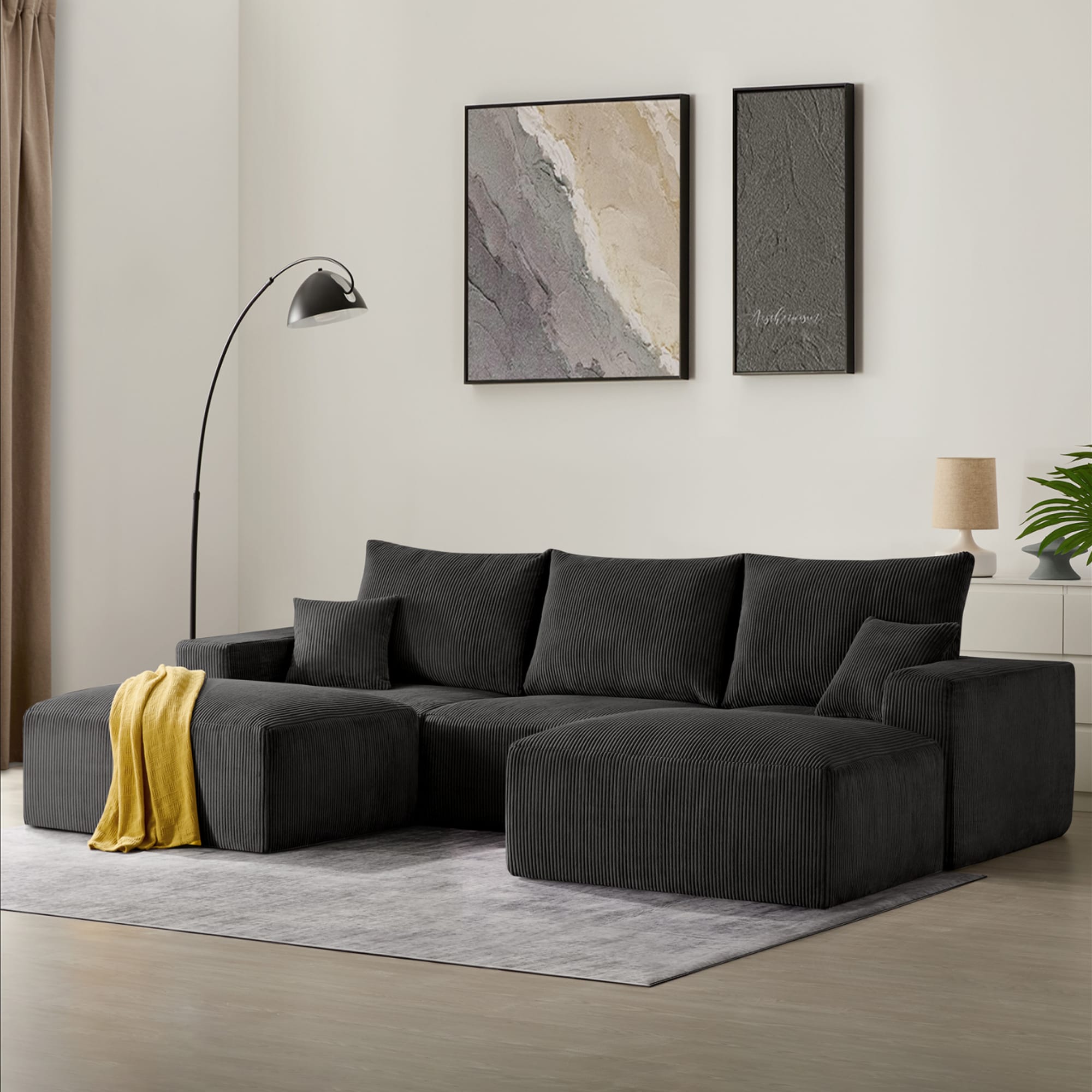 GRANDJOY - Black Corduroy 113-in U-Shaped Modular Sectional Sofa with 2 Ottomans and Sleeper Func...