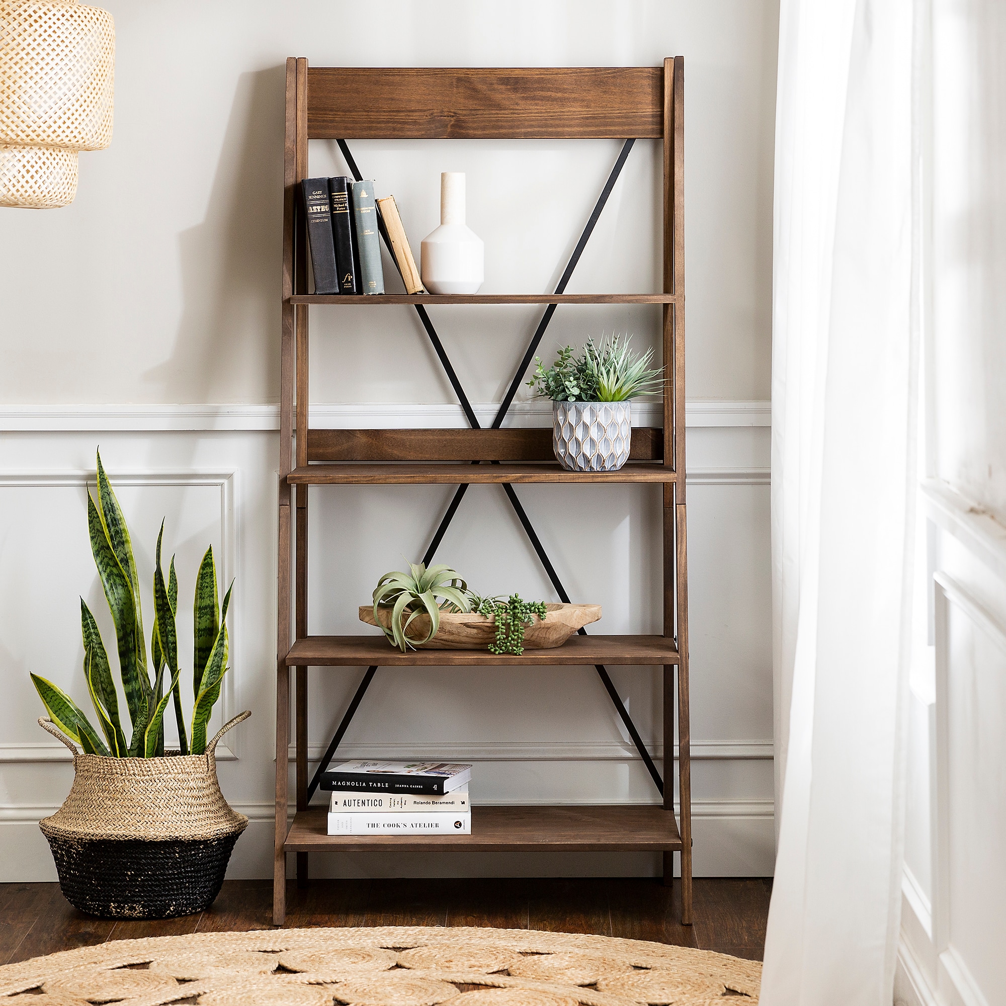 Walker Edison Brown Wood 4-Shelf Ladder Bookcase (31-in W x 68-in H x ...