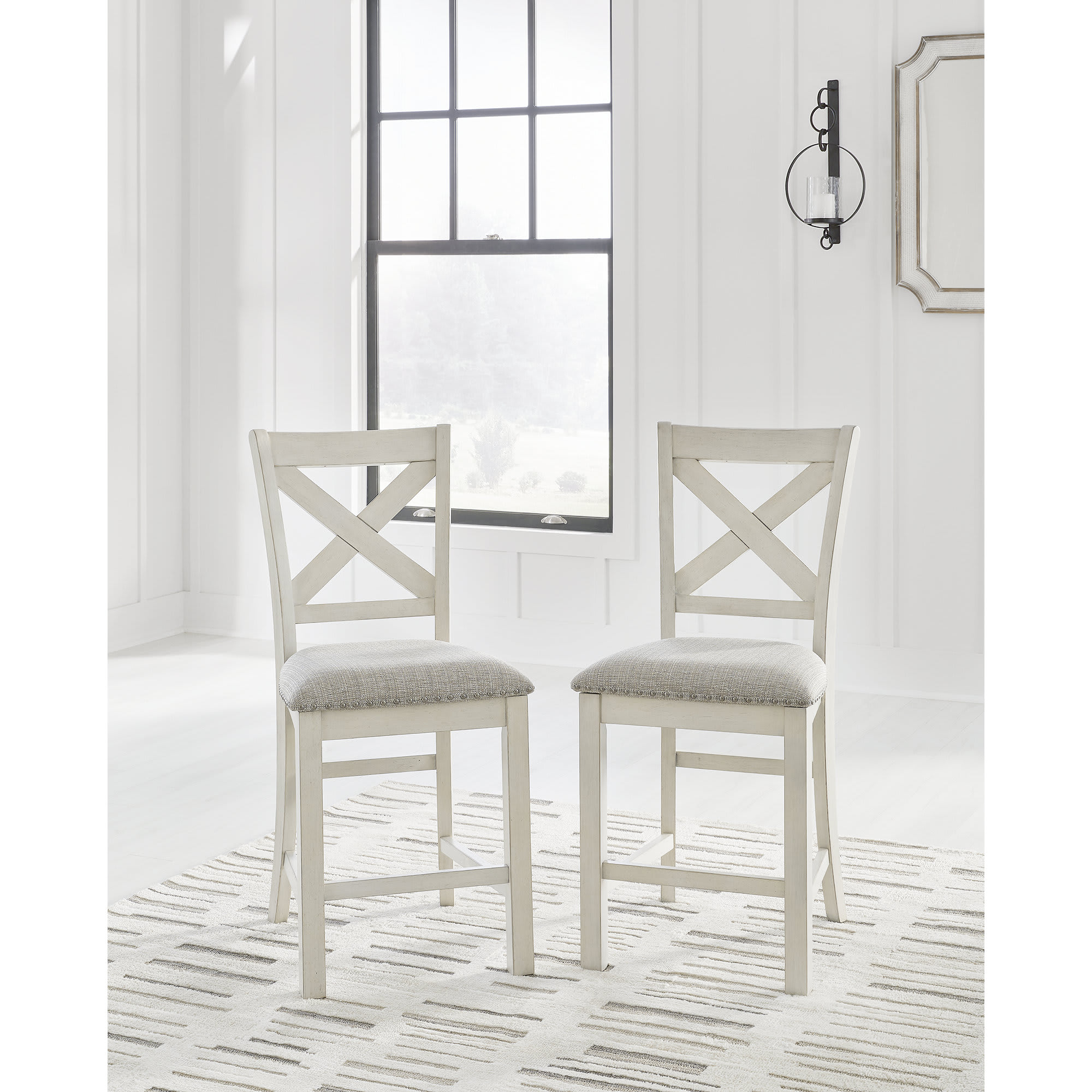 Signature Design by Ashley Robbinsdale Antique White Counter Height Barstool with Nailhead Trim and Polyester Upholstery