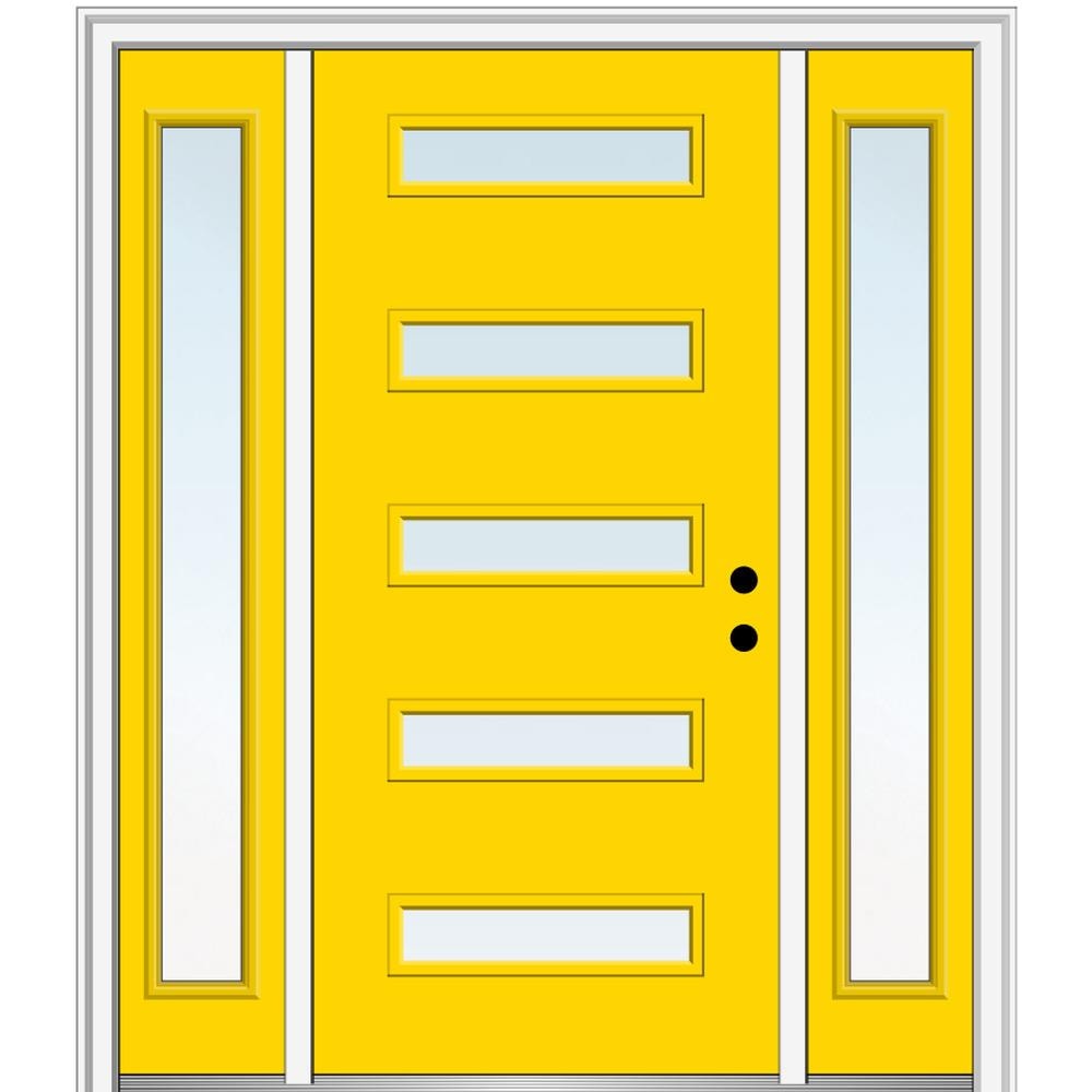 MMI DOOR ZZ349110L Spotlights 60-in x 80-in x 6-9/16-in Fiberglass Pulse lite Left-hand inswing Yellow Flash Painted Prehung Front Door with Sidelights with Brickmould Insulating core