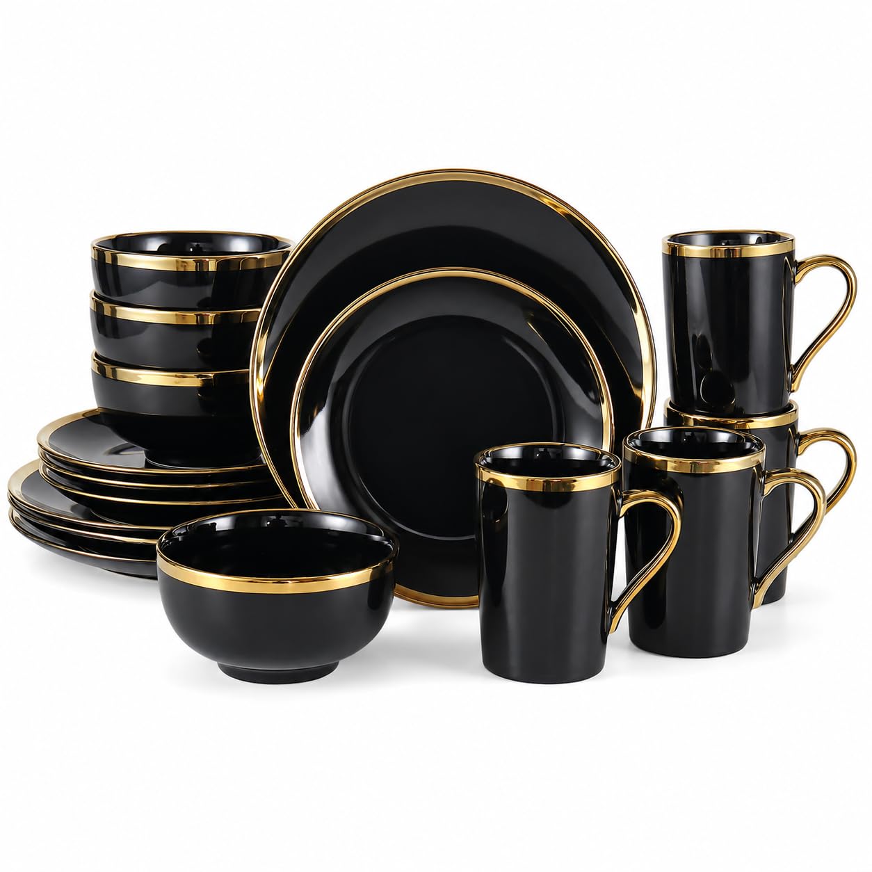 Aoibox  16 Piece Modern Black and Gold Porcelain Dinnerware Set Service for 4 Dinnerware Sets 21 5 x 15 x 7 in
